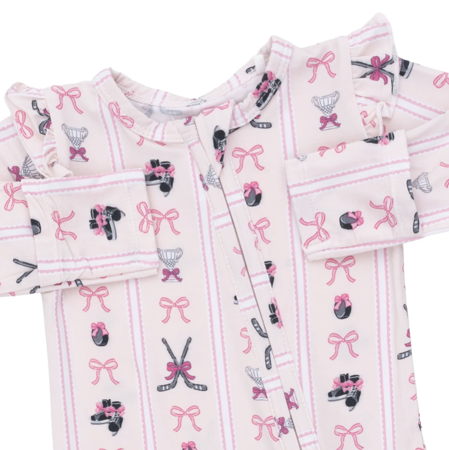 Angel Dear Angel Dear Megan's Bowtiful Hockey Stripe 2 Way Ruffle Back Zipper Footie