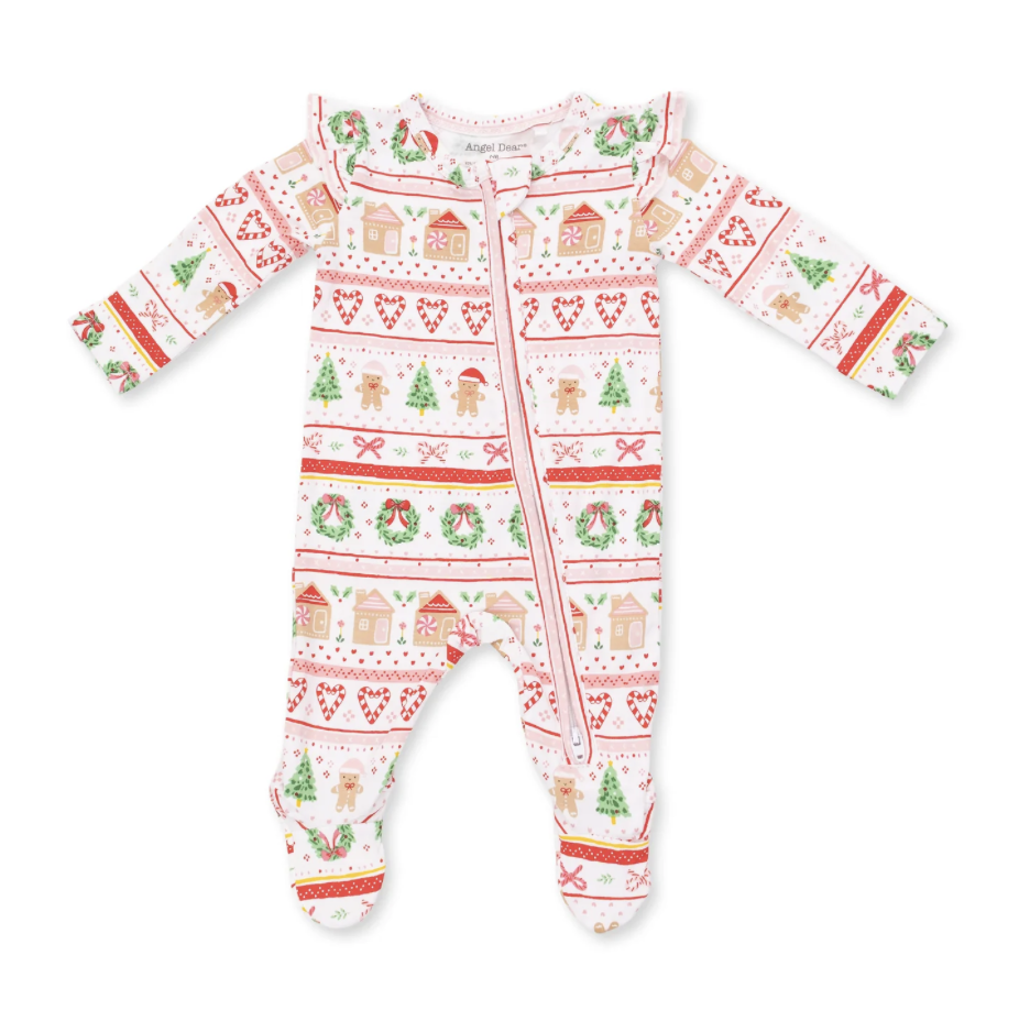 Angel Dear Angel Dear Gingerbread Fair Isle Pink 2 Way Ruffle Back Zipper Footie