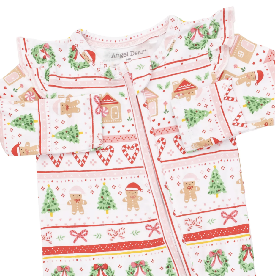 Angel Dear Angel Dear Gingerbread Fair Isle Pink 2 Way Ruffle Back Zipper Footie