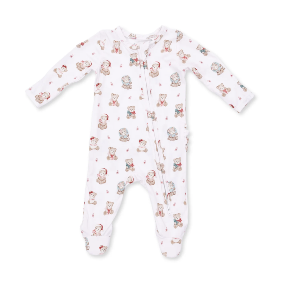 Angel Dear Angel Dear Christmas Teddy Bears Pink 2 Way Ruffle Back Zipper Footie
