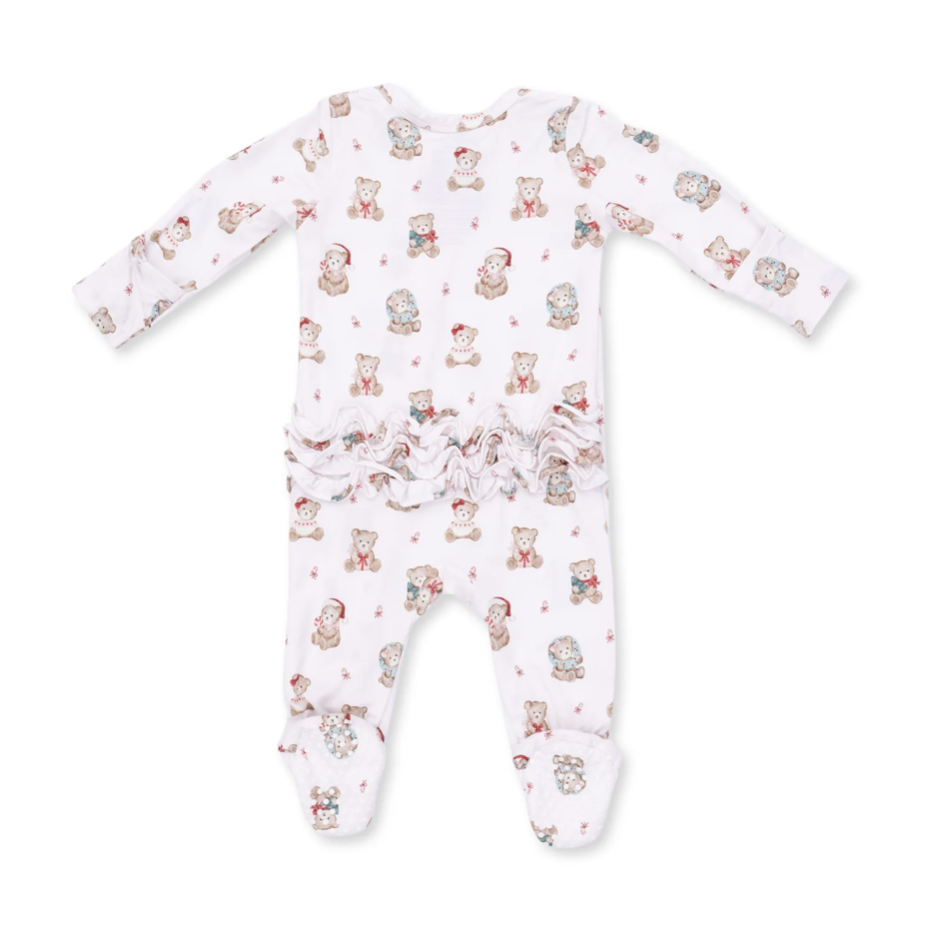 Angel Dear Angel Dear Christmas Teddy Bears Pink 2 Way Ruffle Back Zipper Footie