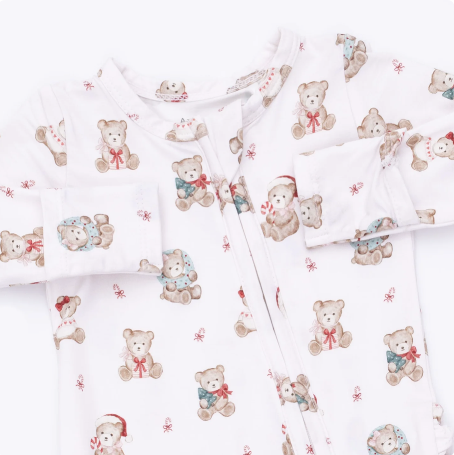 Angel Dear Angel Dear Christmas Teddy Bears Pink 2 Way Ruffle Back Zipper Footie