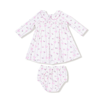Angel Dear Angel Dear Dainty Buds And Bows Stripe - L/s Peter Pan Collar Dress W/ Smocking + Diaper Cover