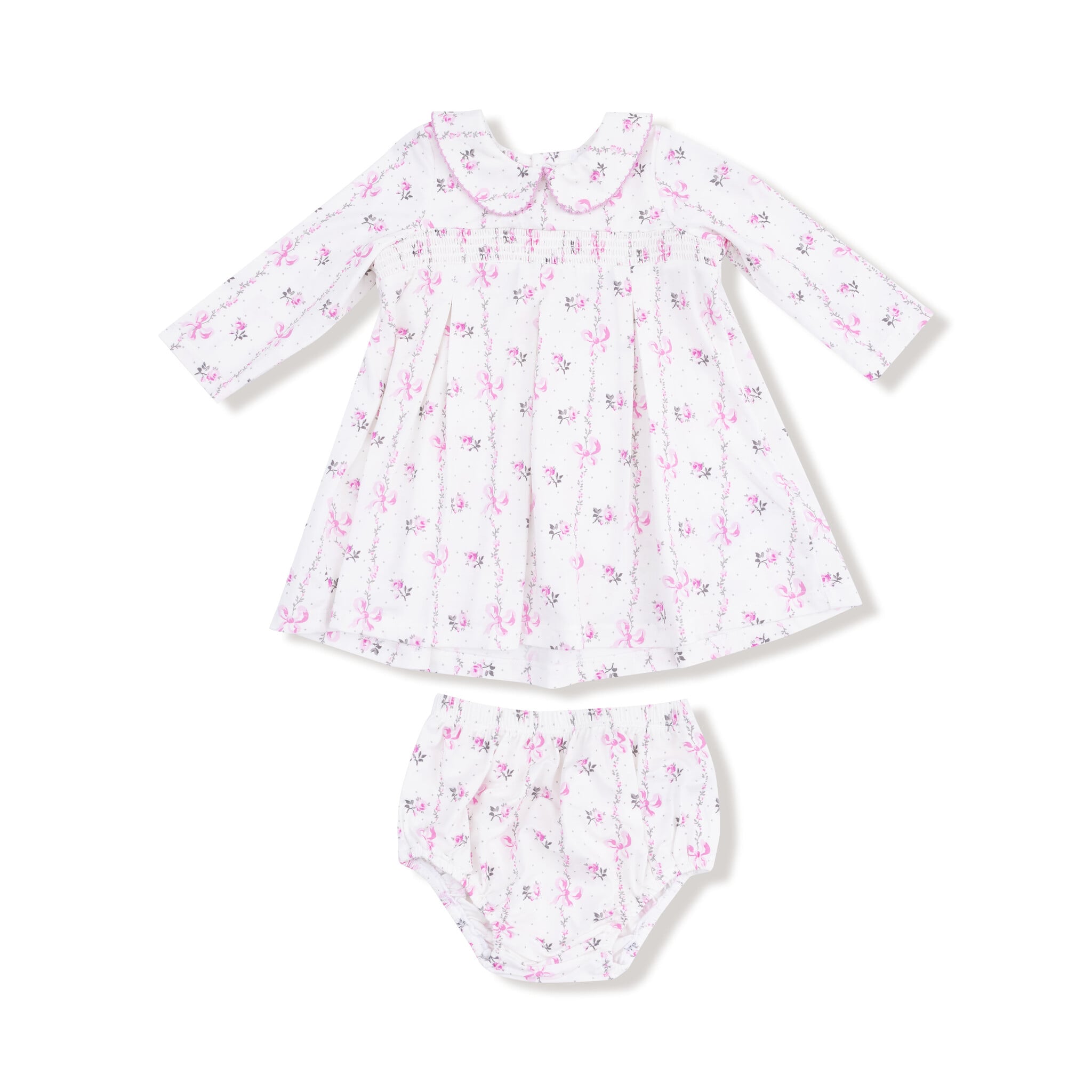 Angel Dear Angel Dear Dainty Buds And Bows Stripe - L/s Peter Pan Collar Dress W/ Smocking + Diaper Cover
