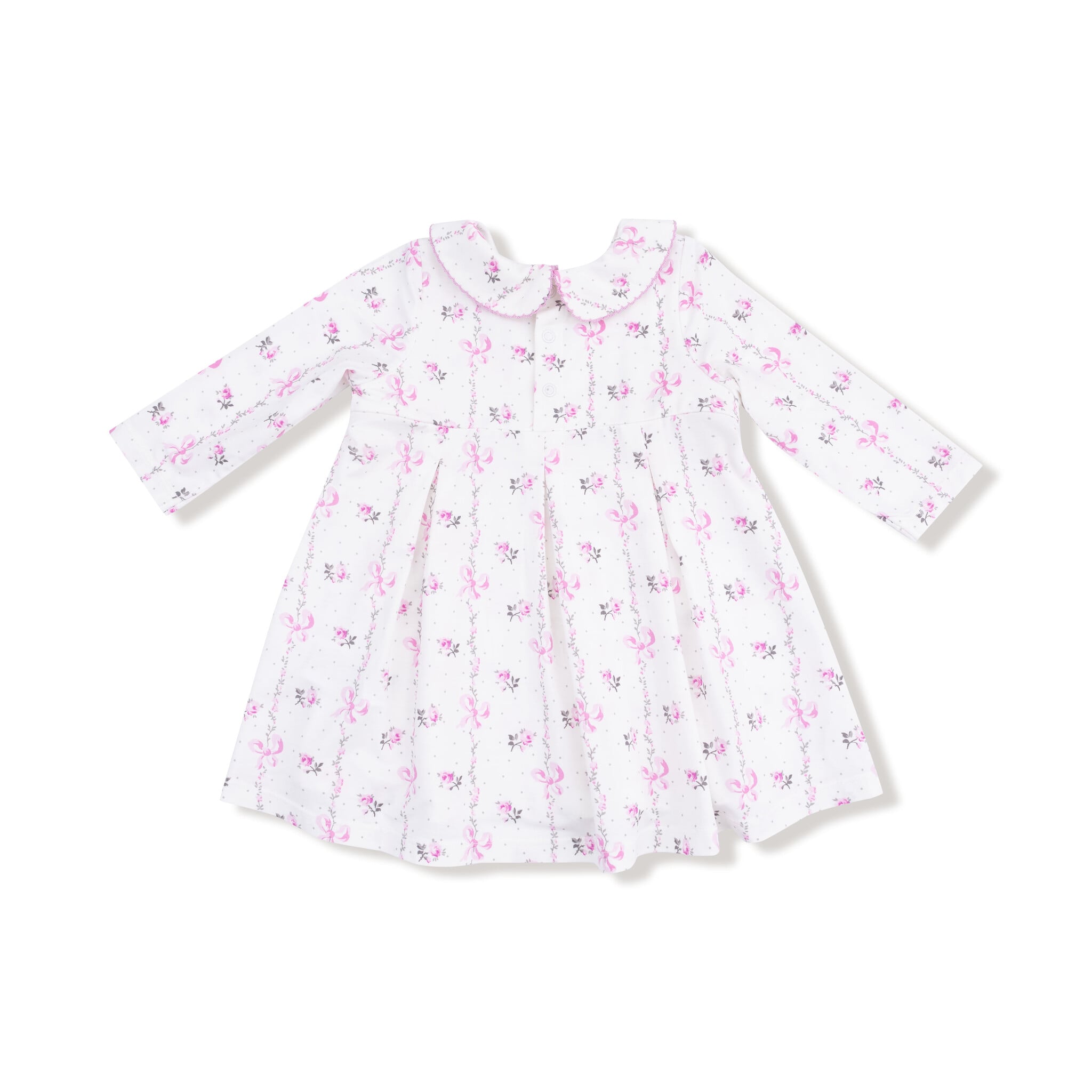 Angel Dear Angel Dear Dainty Buds And Bows Stripe - L/s Peter Pan Collar Dress W/ Smocking + Diaper Cover