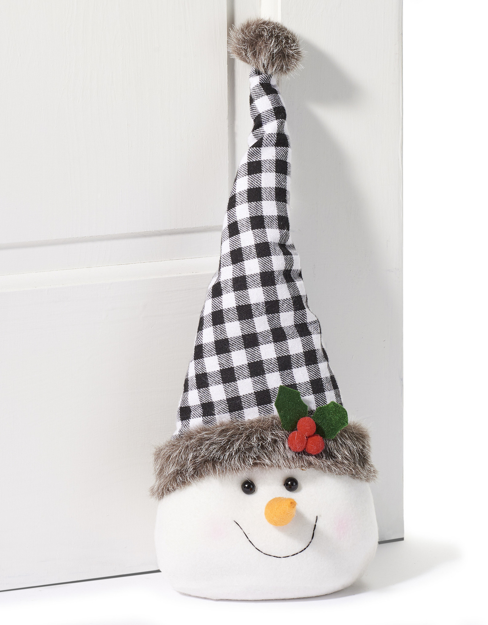 GiftCraft GC7349B Snowman Head Door Stopper, Black Flannel Check