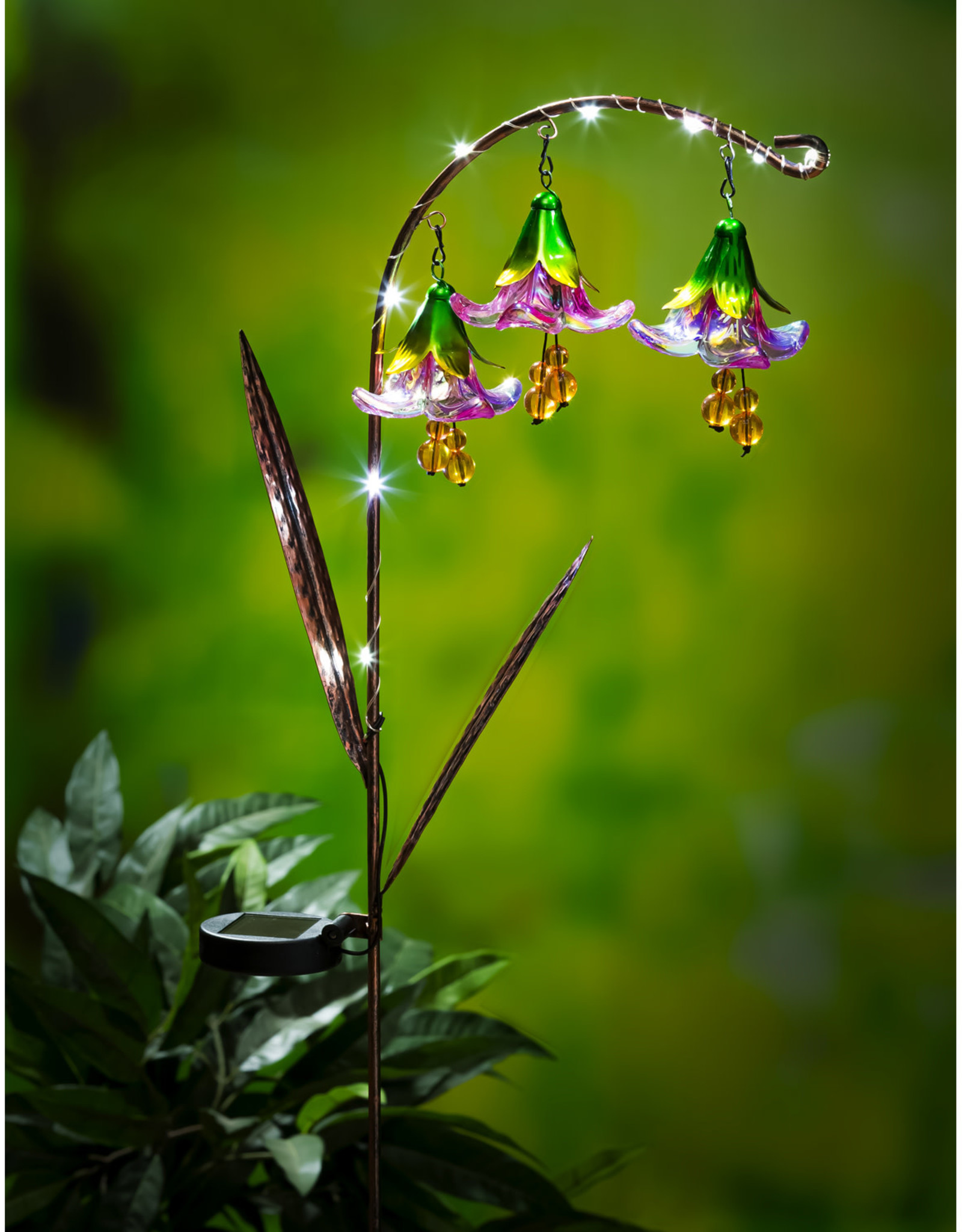 Evergreen 42"H Twinkling Light Solar Garden Stake w/Trio of Glass Flowers