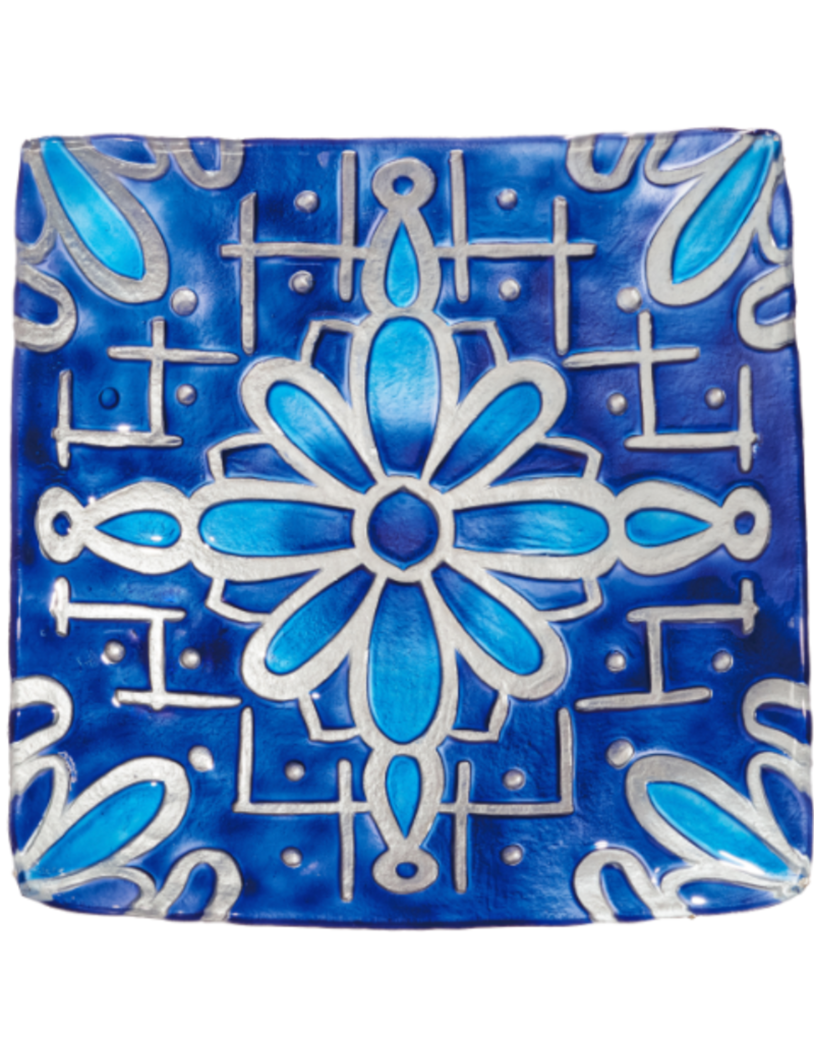 Evergreen EE2GB7060 16.5" Hand Painted and Embossed Square Glass Birdbath, Blue Floral Tiles