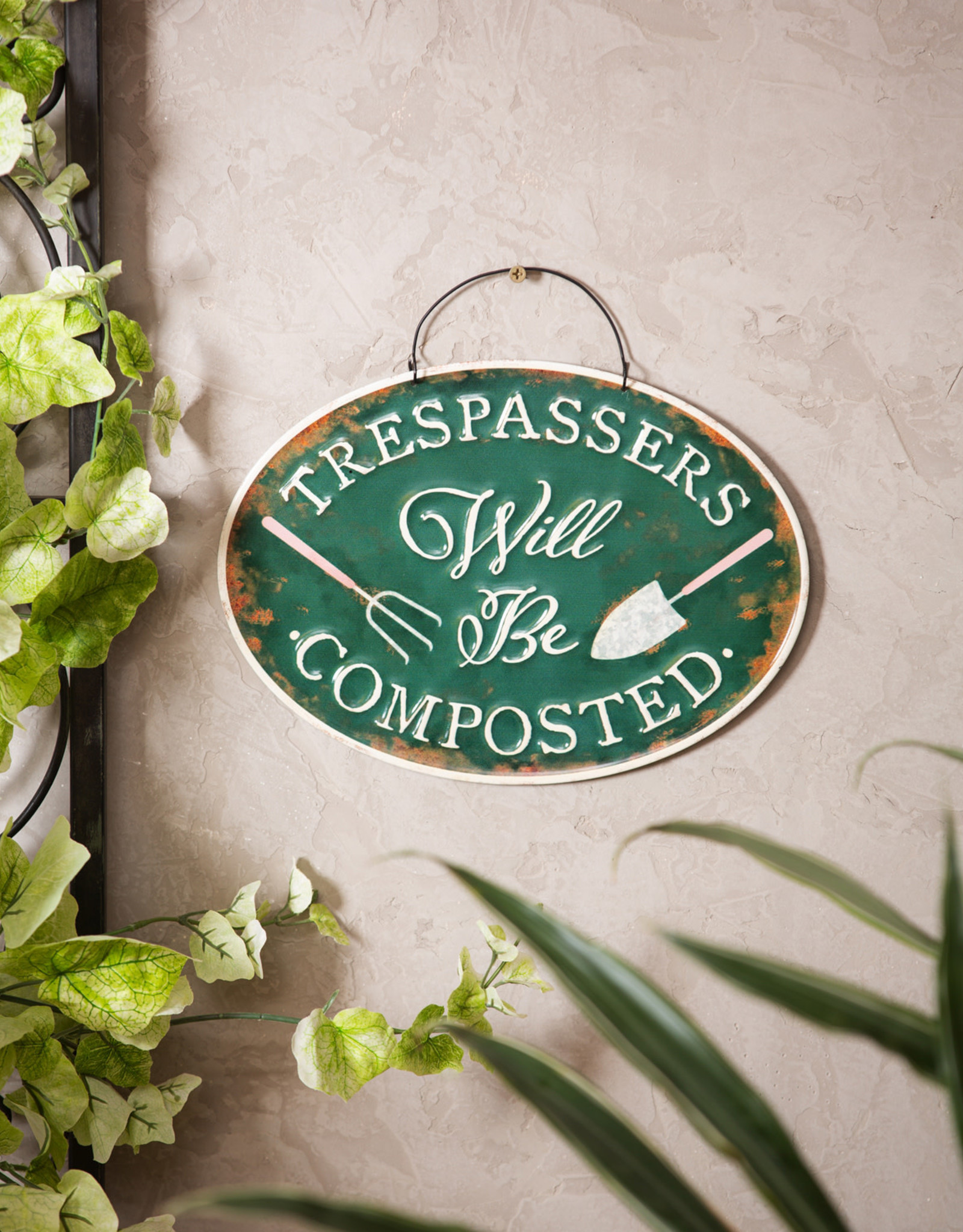Evergreen EE47M3683 Trespassers Will Be Composted, Metal Garden Sign