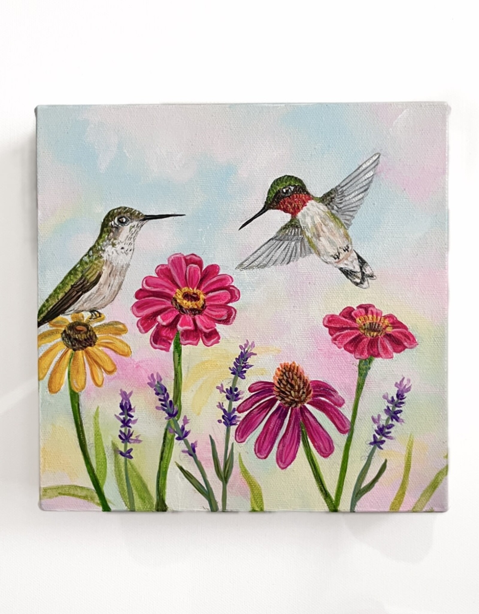 Alicia Galambos (PV Art) AGTSGARDEN   Taylor's Garden, Ruby-Throated Hummingbirds, original 8x8 on canvas