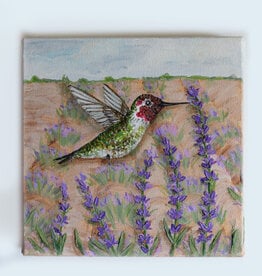 Artist - Alicia Galambos AGLAVGLOW  Lavender Glow,  The Ruby Throated Hummingbird ,original 6x6 on canvas