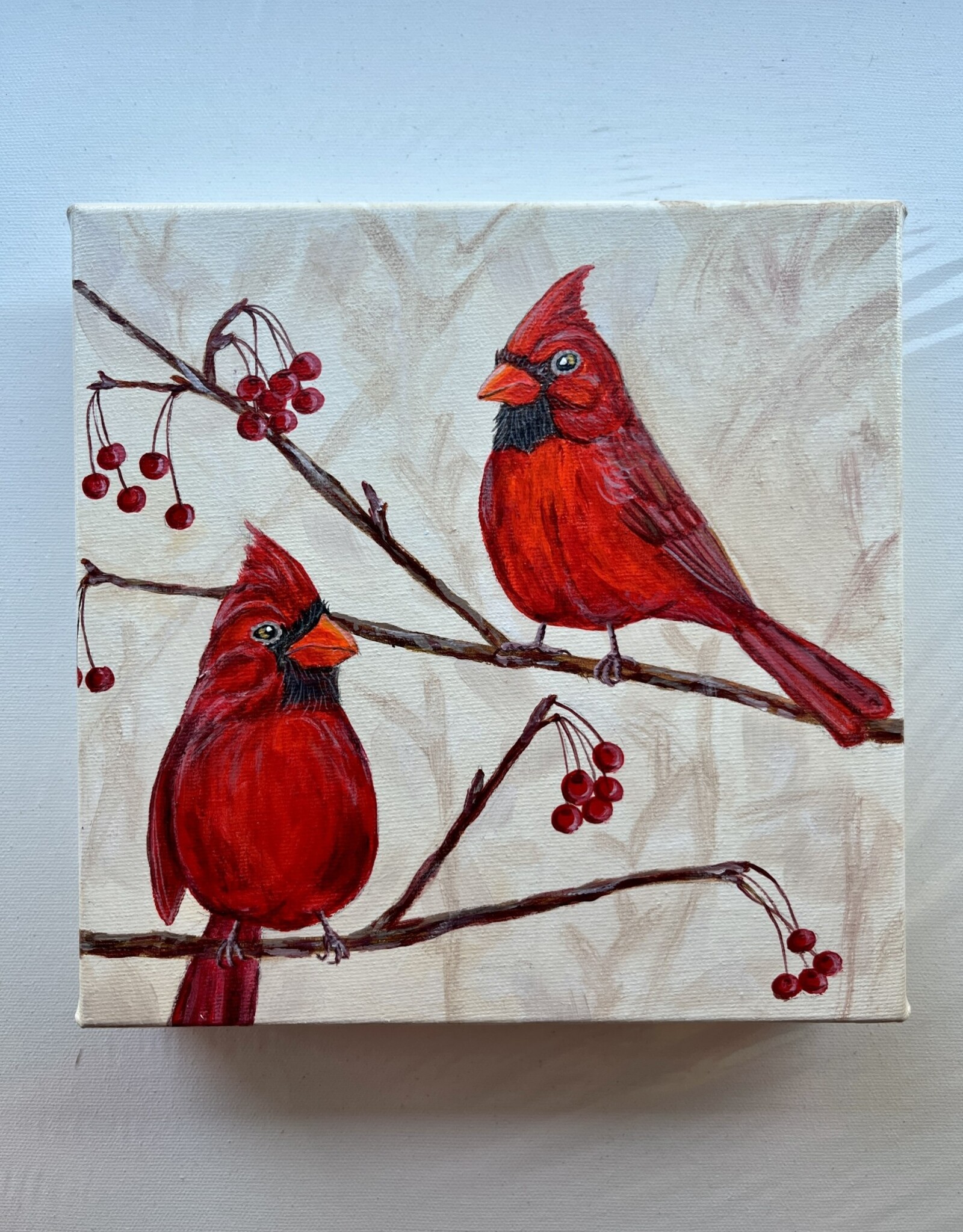 Alicia Galambos (PV Art) AGANDY&NEIL   Andy and Neil the Northern Cardinals, original 8x8 on canvas