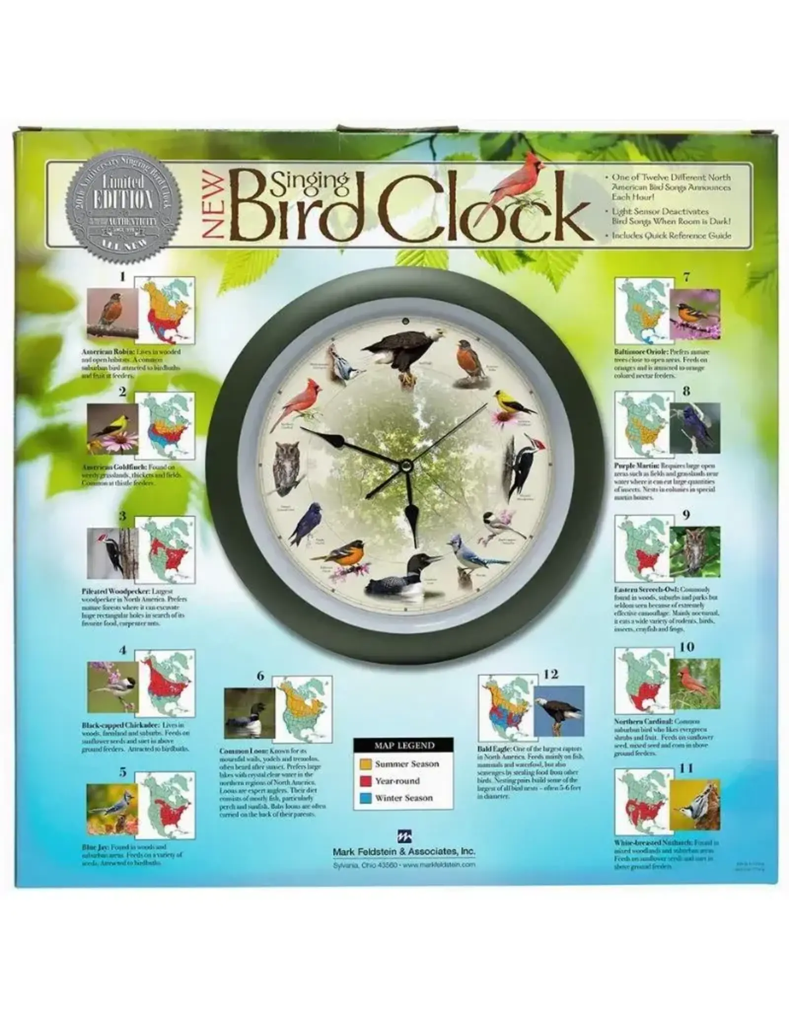 Mark Feldstein & Associates MFABIRD13 20th Anniversary Singing Bird Clock, 13", Green