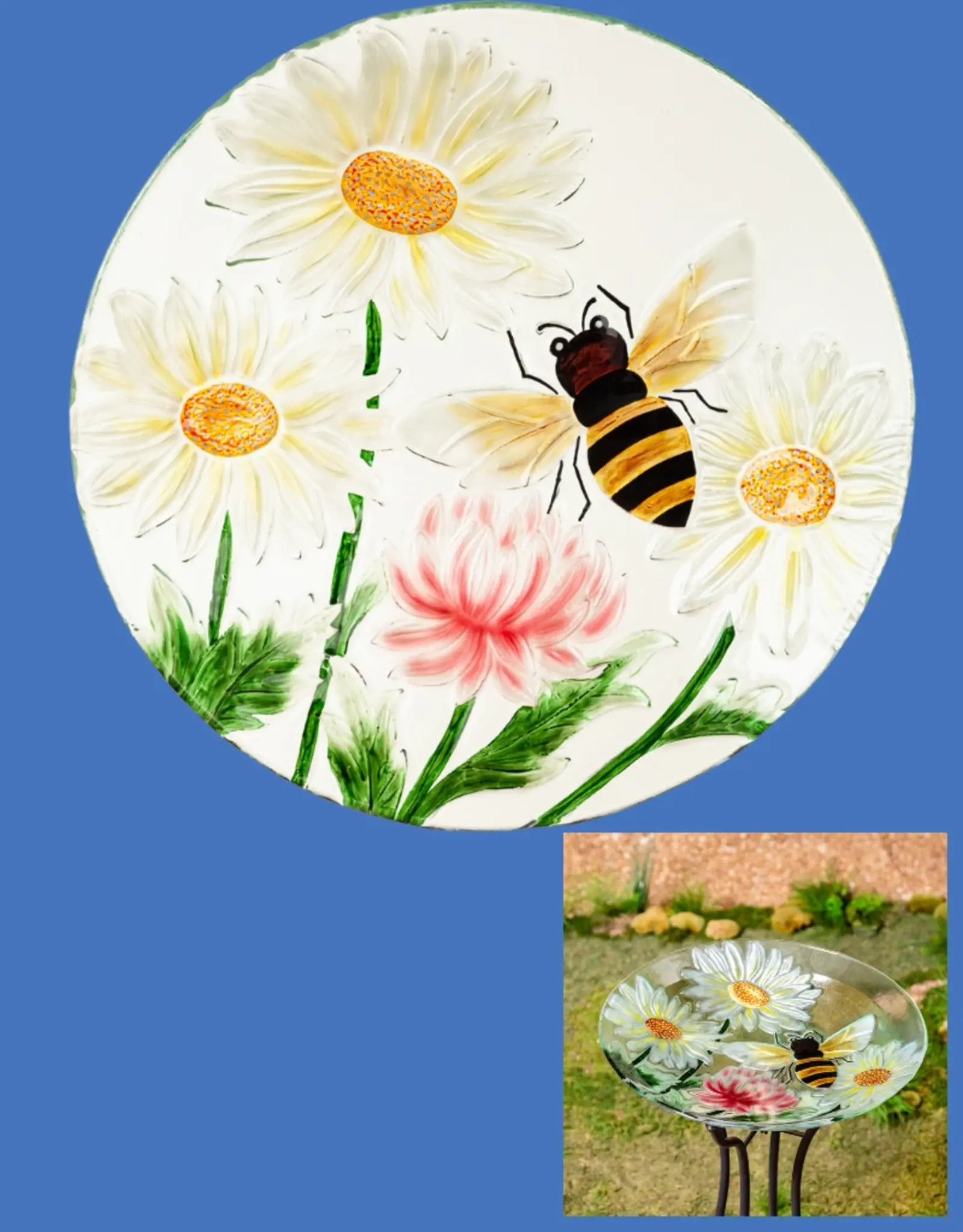 Evergreen 18" Hand Painted Daisies & Bee Glass Bird Bath