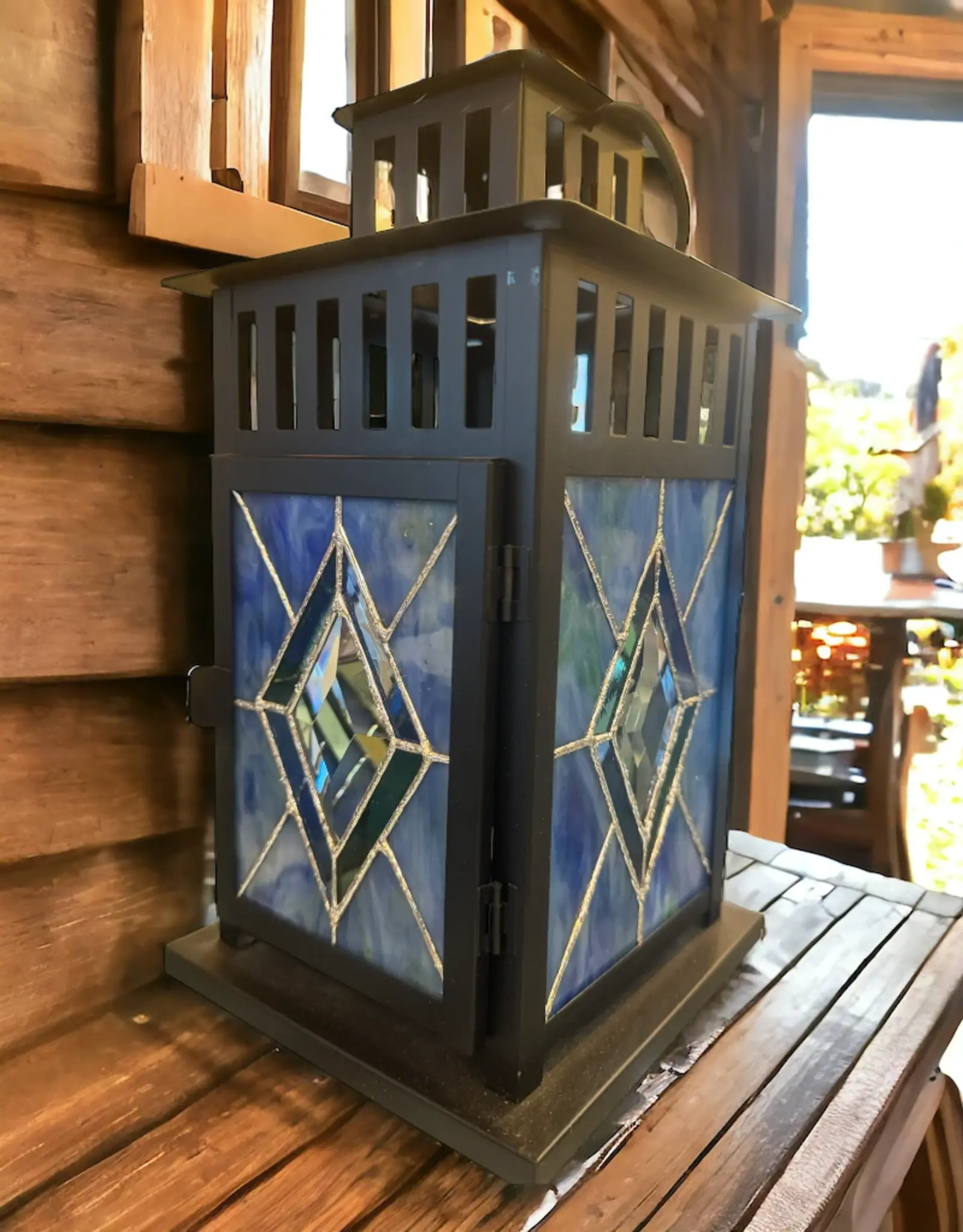 Artist- Andrew Reid ARLNTRNBLD Blue Diamond with clear bevel Stained glass Lantern by Andrew Reid