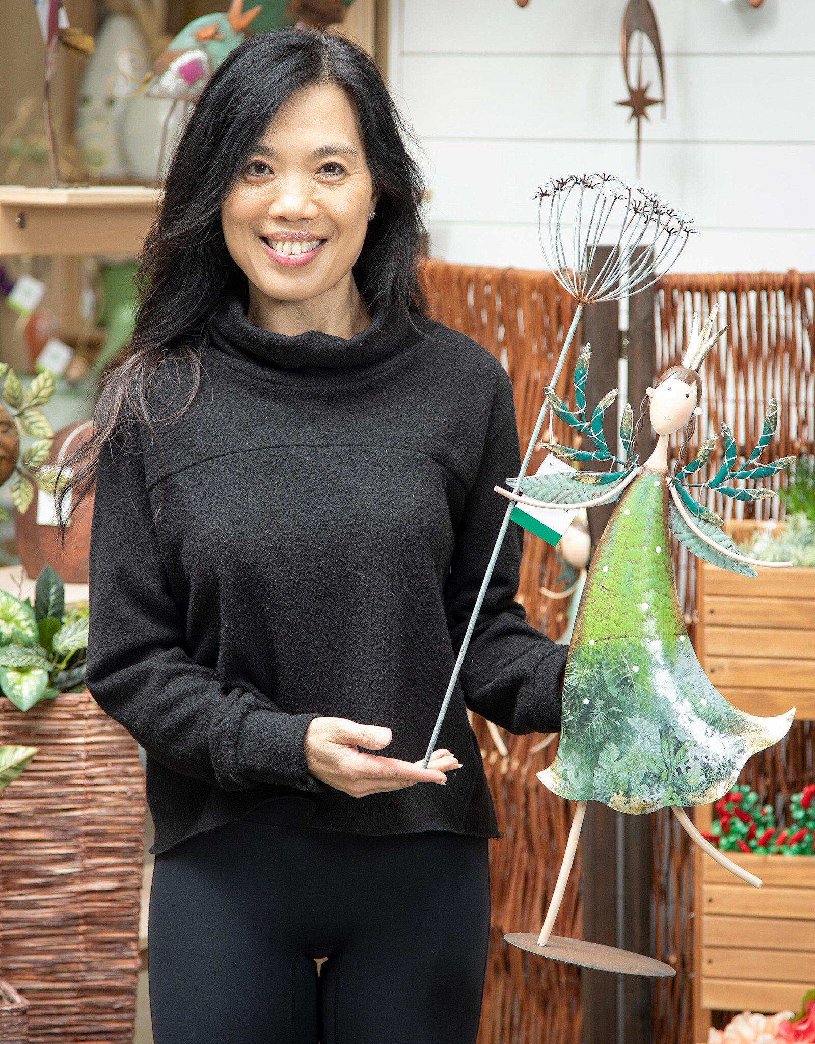 Evergreen Girl Holding Branch Metal Statuary with LED Lights