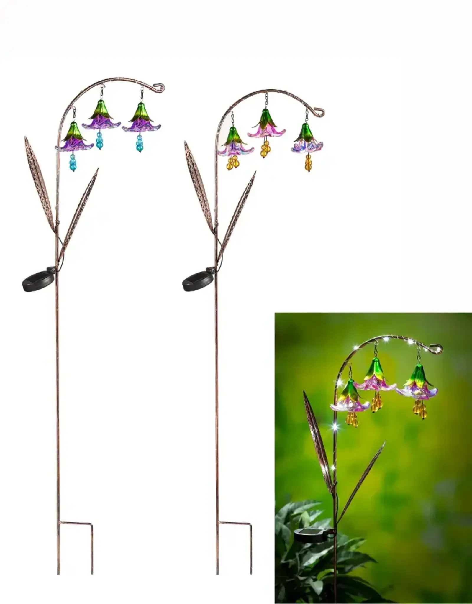 Evergreen 42"H Twinkling Light Solar Garden Stake w/Trio of Glass Flowers