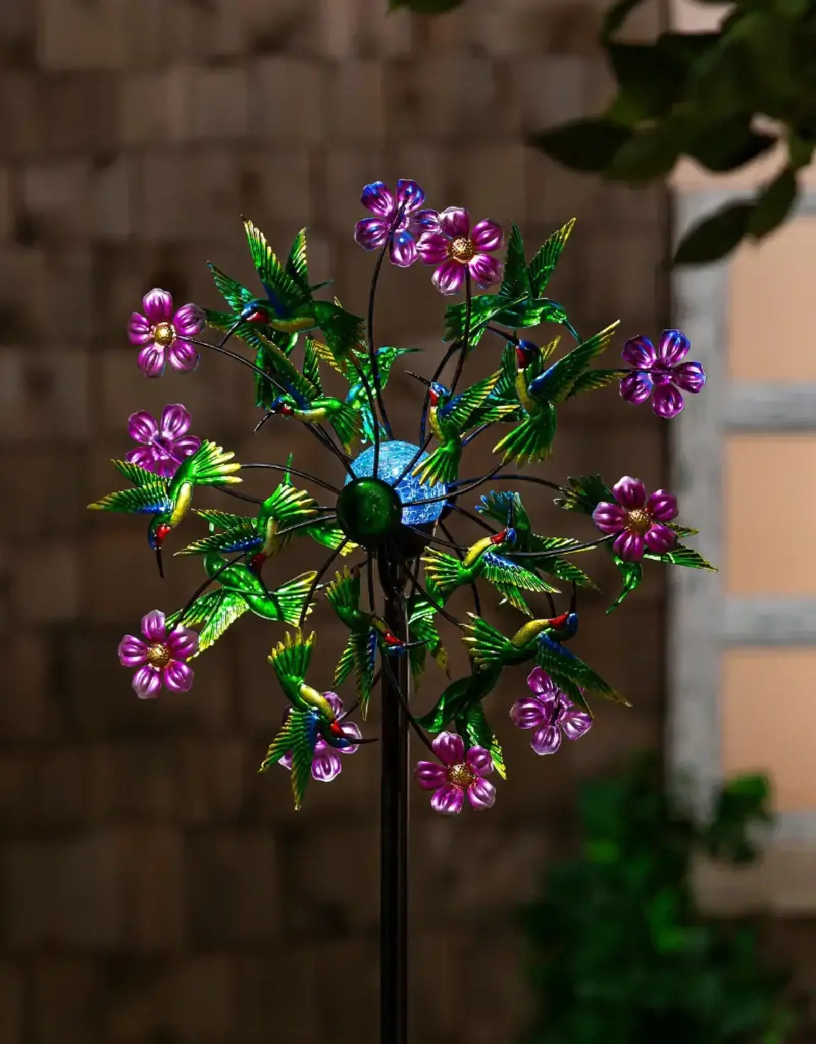 Evergreen Solar Metal  Wind Spinner, Green Hummingbird & Flo