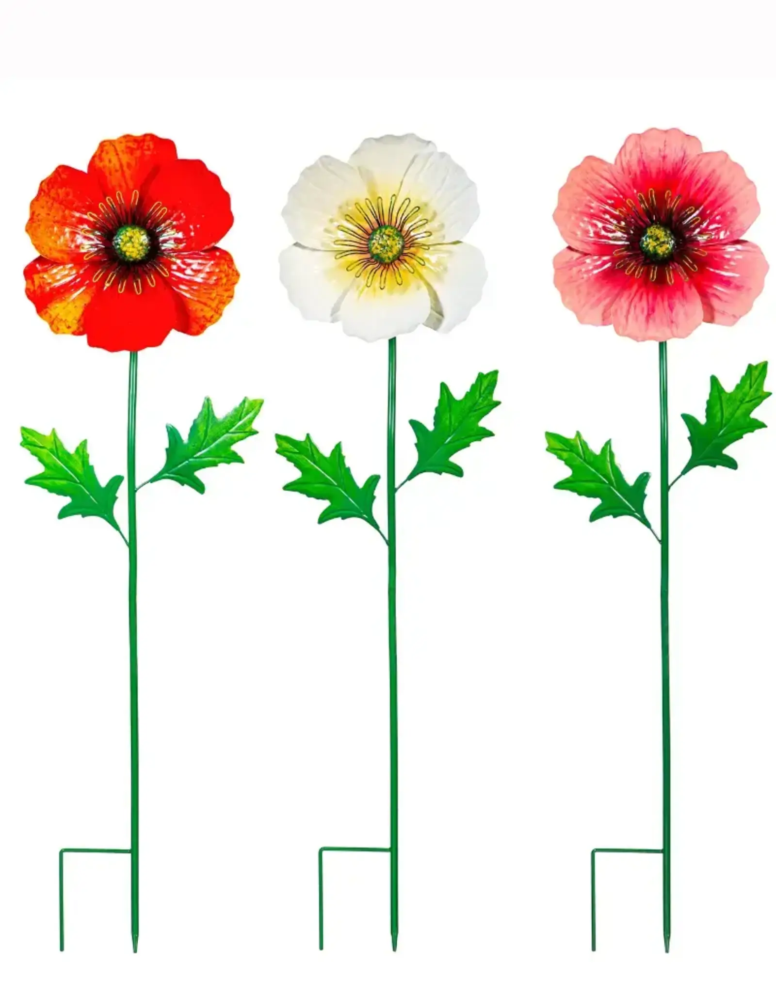 Evergreen Poppy Flowers Metal Garden Stake, 43"