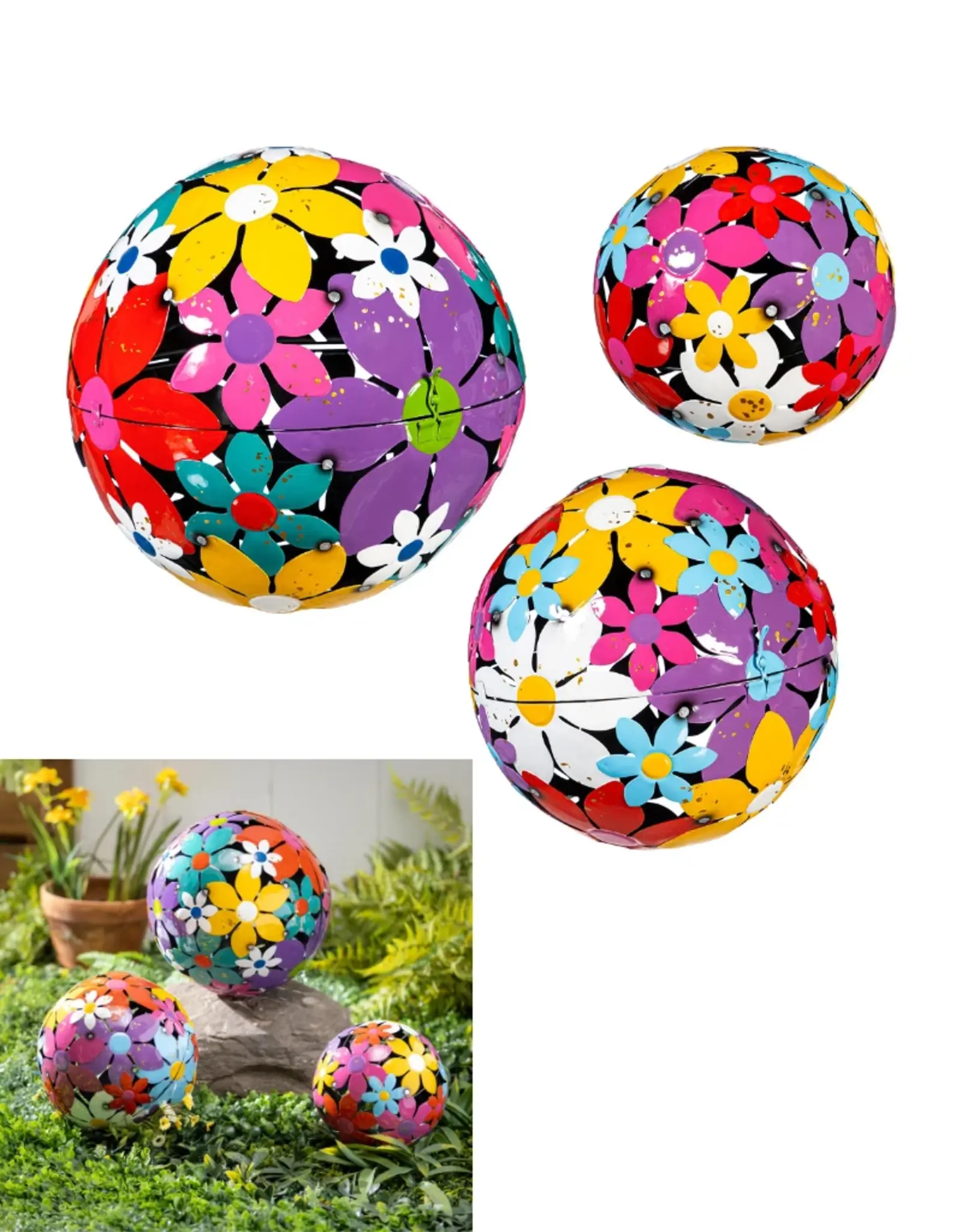 Evergreen Metal Floral Decorative Garden Ball, Set of 3