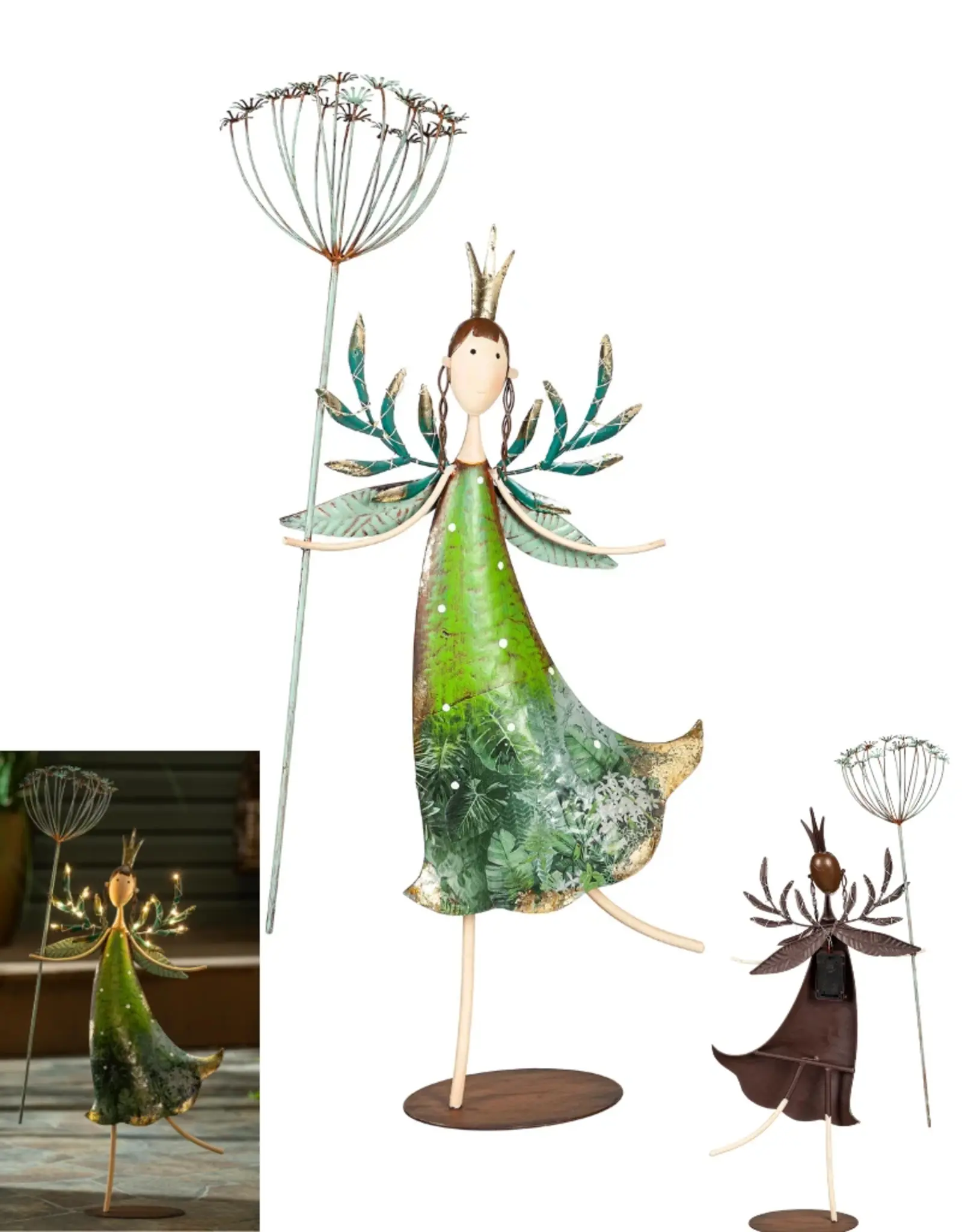 Evergreen Girl Holding Branch Metal Statuary with LED Lights