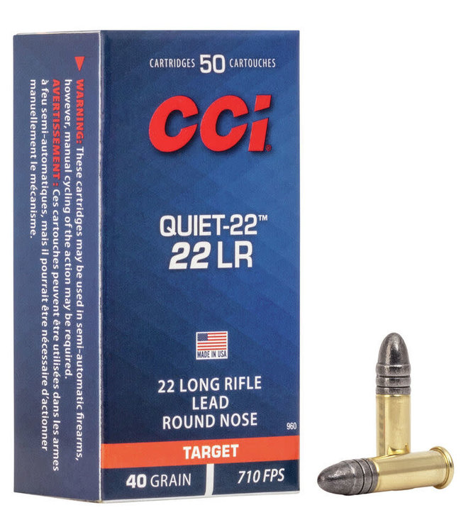 CCI CCI Quiet-22 Rimfire Ammo, .22 LR, 40gr LRN, 50rds