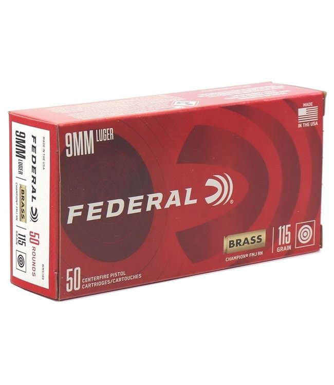 Federal Champion Pistol Ammo, 9 MM Luger, 115 Grain, Box of 50 Rounds