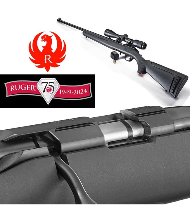 Ruger American Bolt-Action Rimfire Rifle, Synthetic Stock, Satin Blued, 22" Barrel, .22lr, with Mounted and Bore-sighted WEAVER 3-9x40 Riflescope and TACTICAL Rail