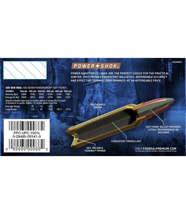 Federal Power-Shok .300 WIN MAG 180 GRAIN Sierra SP 20Rds