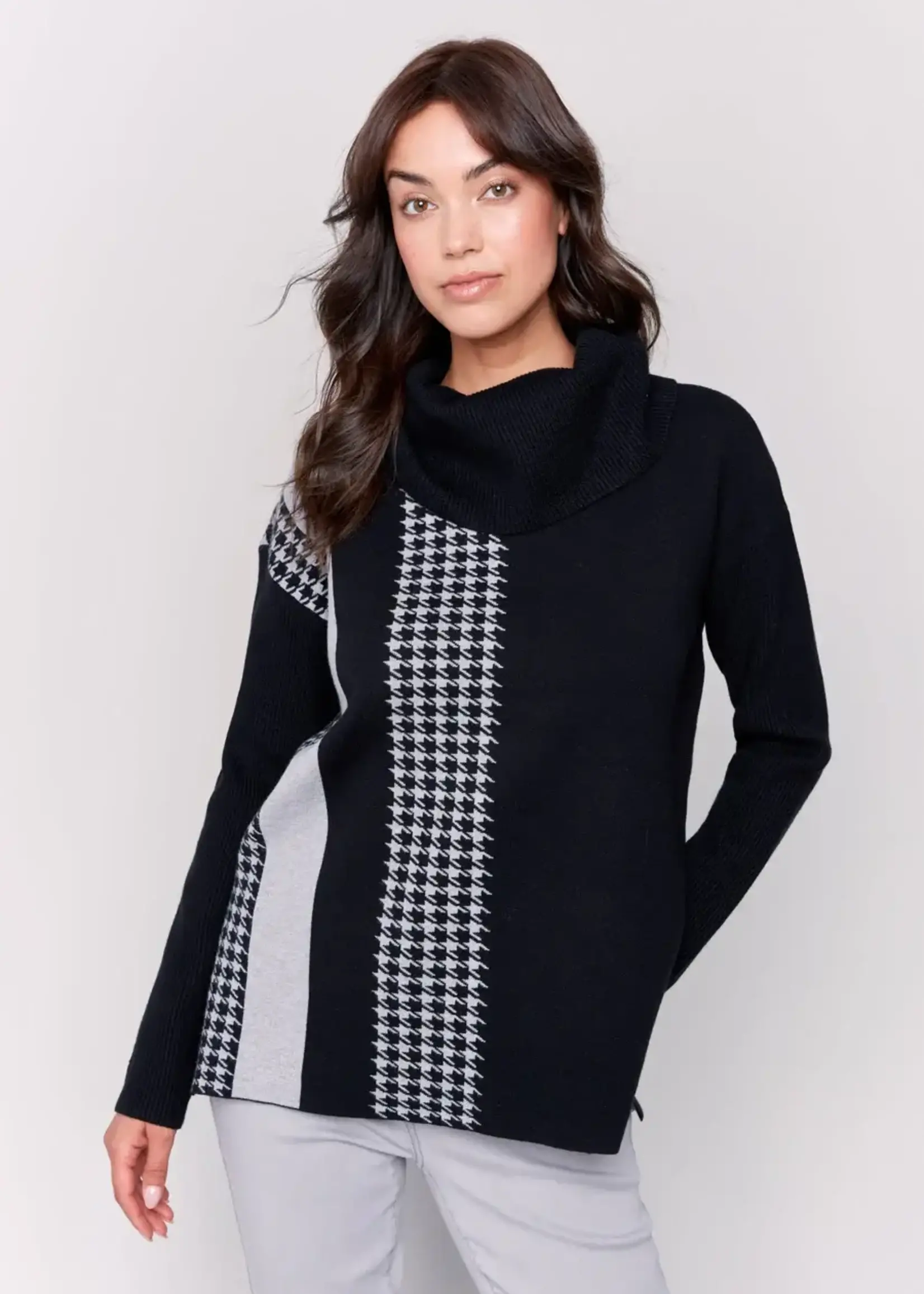 Charlie B Charlie Cowl Neck Sweater w/Houndstooth Stripe C2720