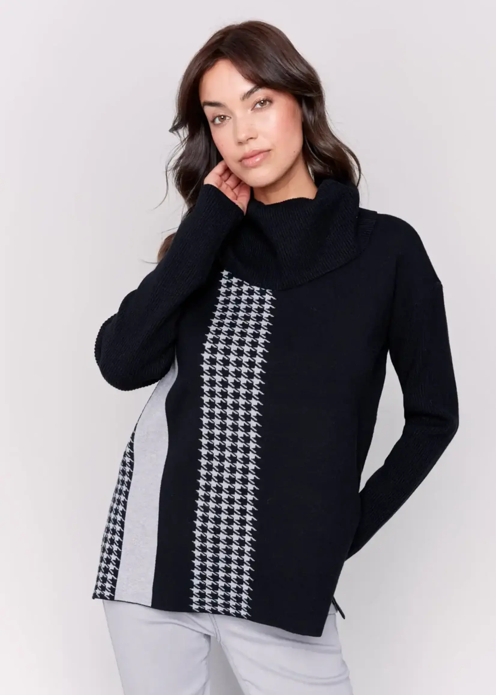 Charlie B Charlie Cowl Neck Sweater w/Houndstooth Stripe C2720