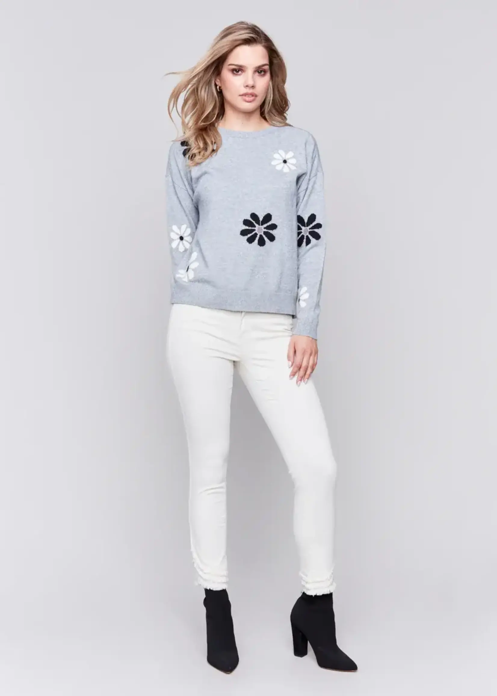 Charlie B Charlie Crew Neck LS w/Flower Sweater