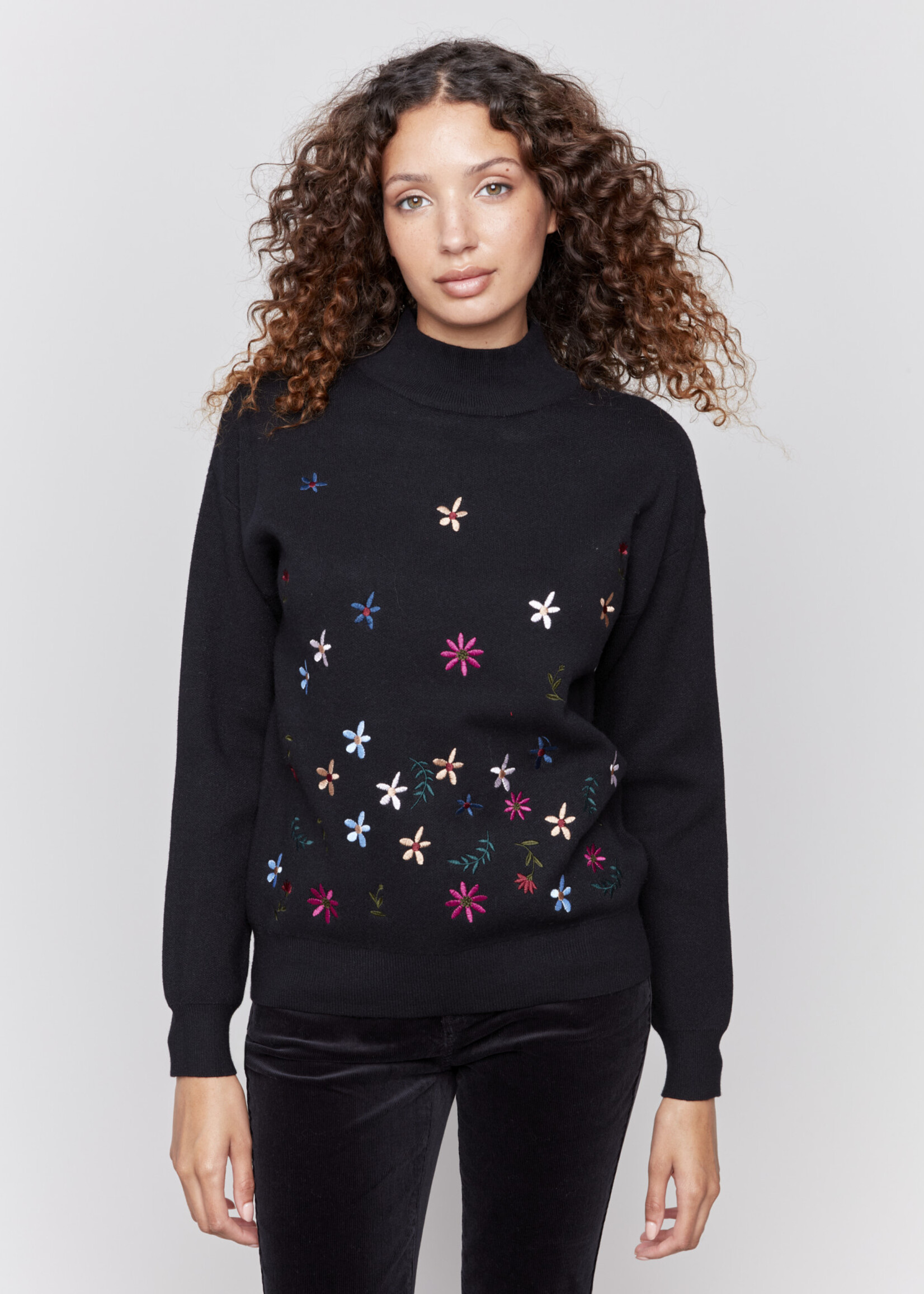 Charlie B Charlie Mock Neck Sweater w/Flower Embr C2660E