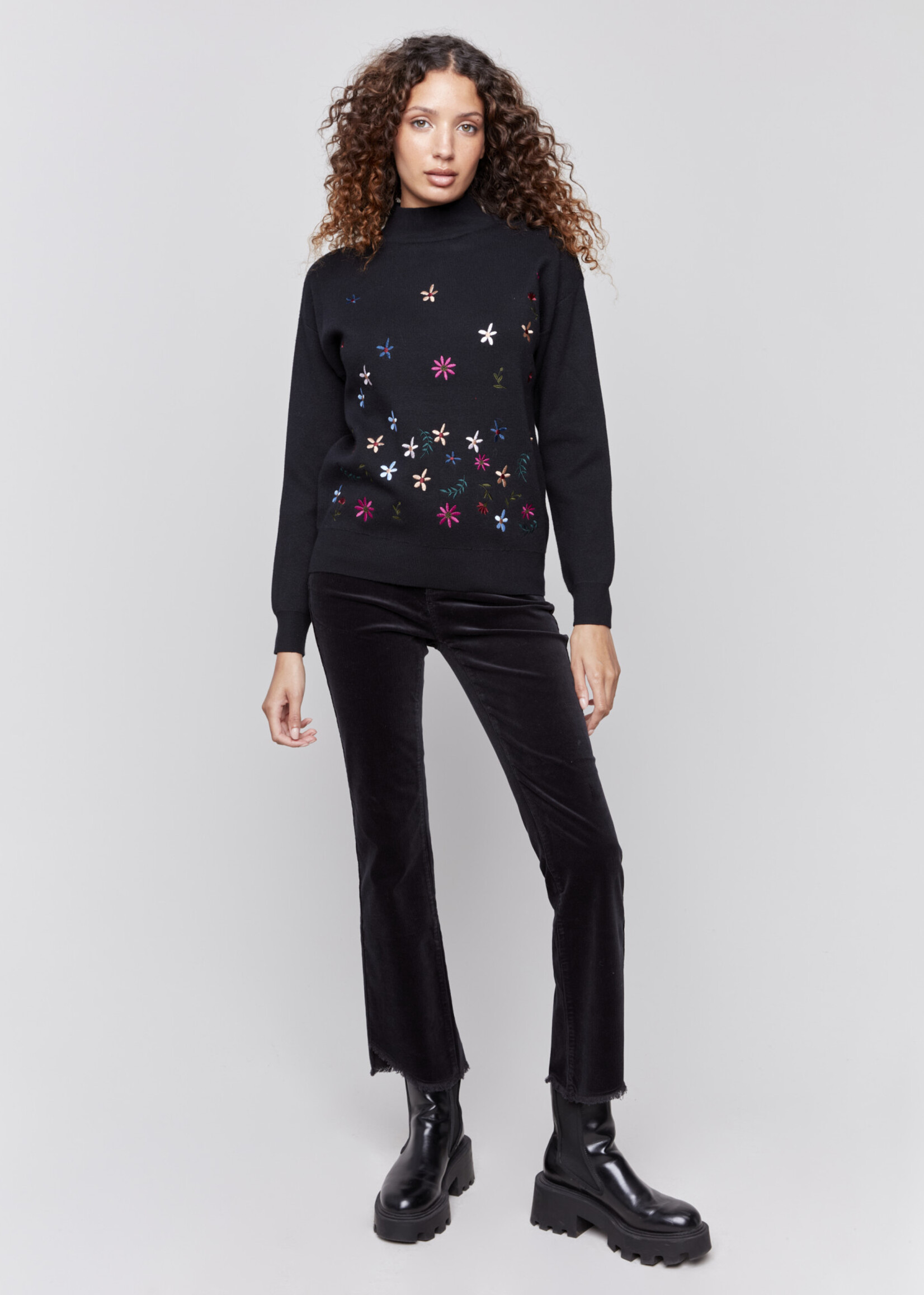 Charlie B Charlie Mock Neck Sweater w/Flower Embr C2660E