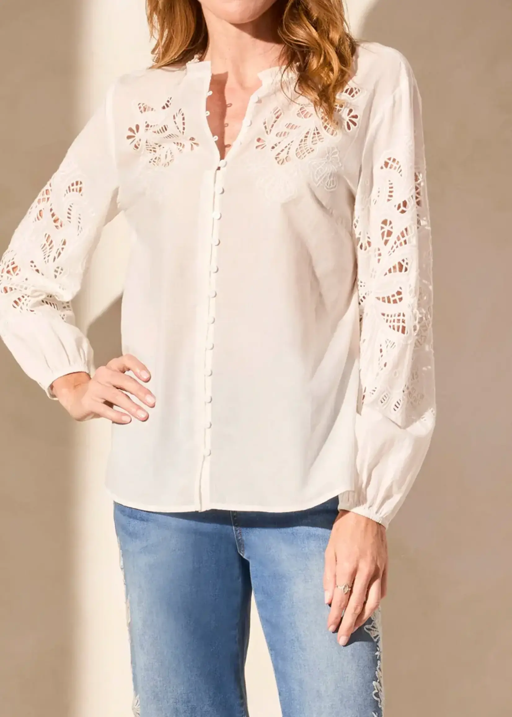 Tribal Tribal L/S Blouse w/ Embroidery Cut Outs 5807O