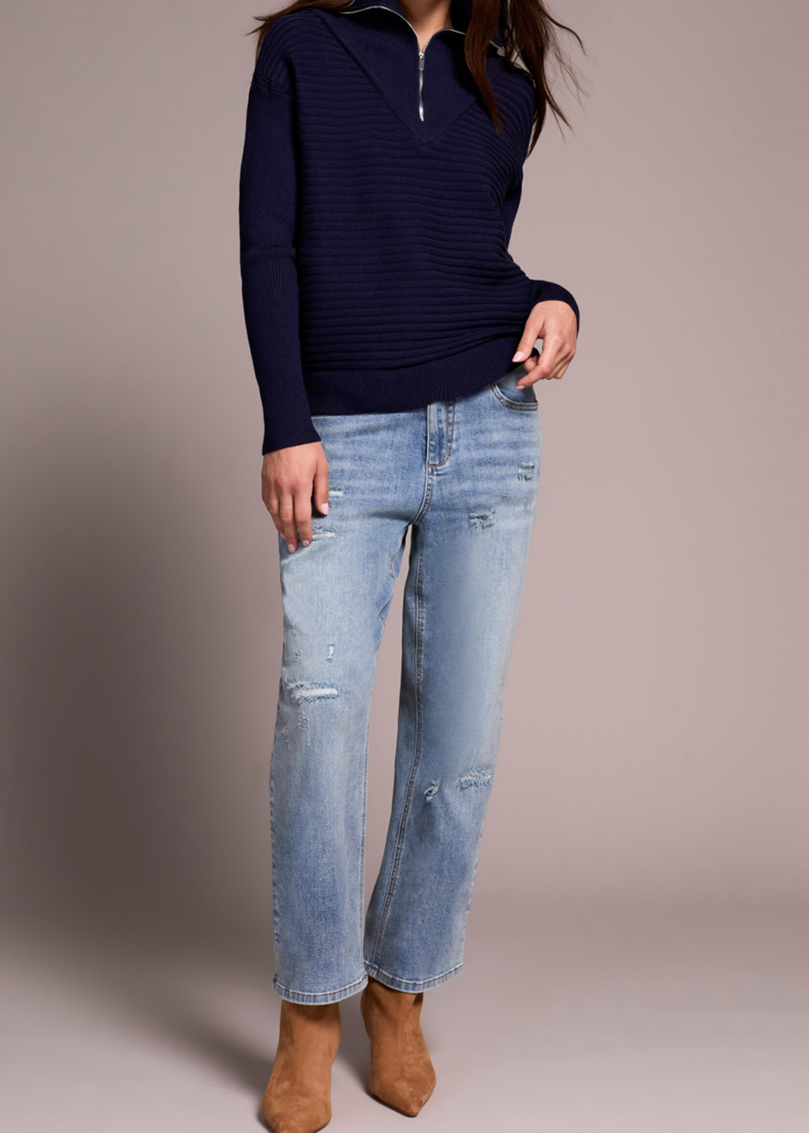 Tribal Tribal Zip Up V Neck Sweater 6028O