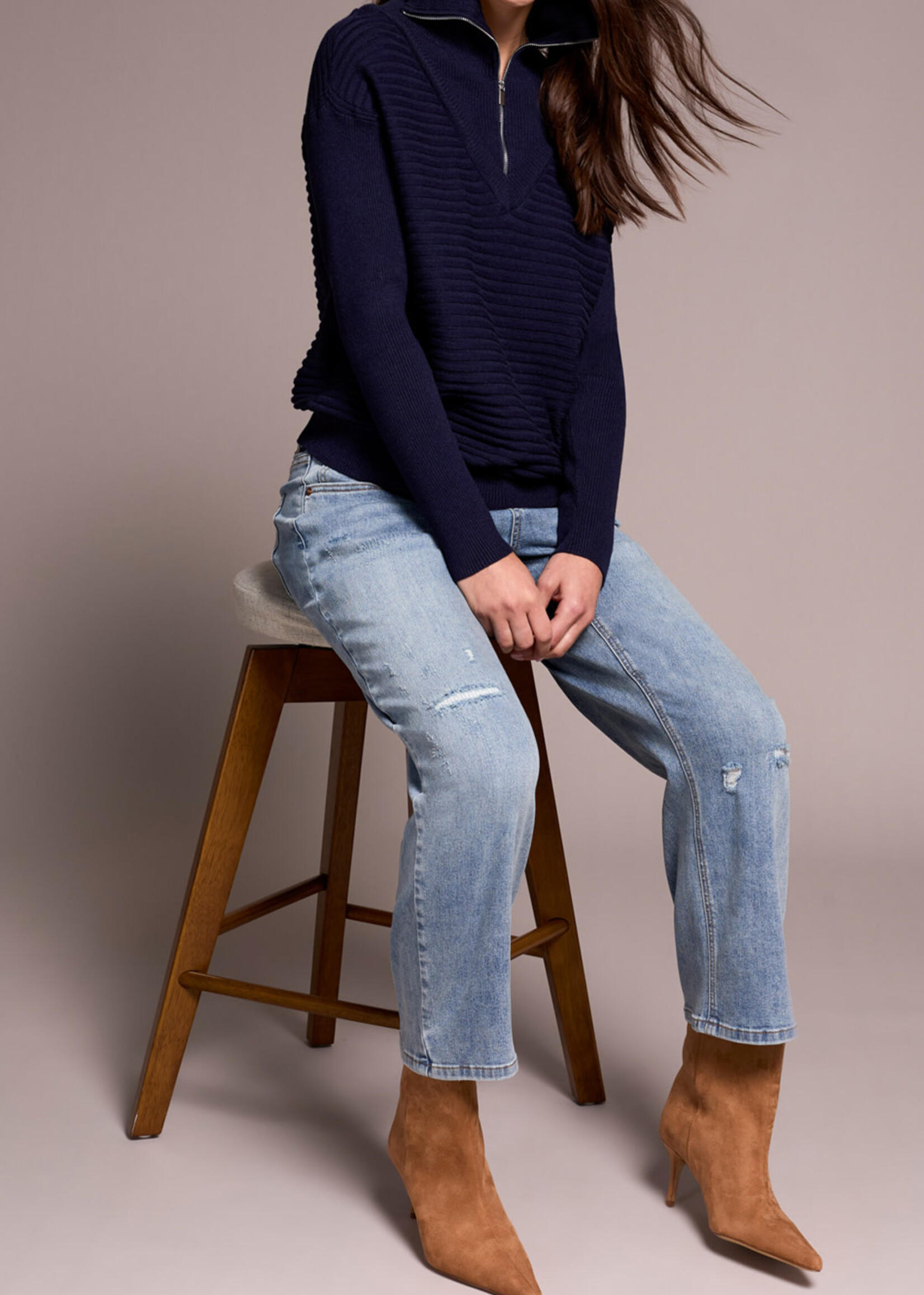 Tribal Tribal Zip Up V Neck Sweater 6028O