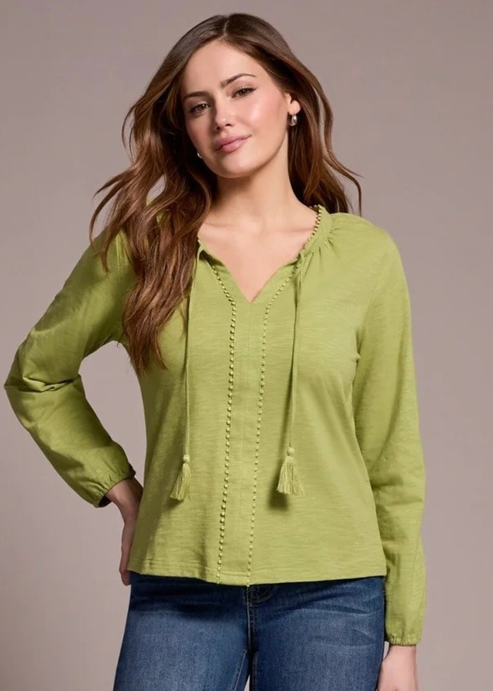 Tribal Tribal L/S Split Neck Top w/ Tassel 2232O