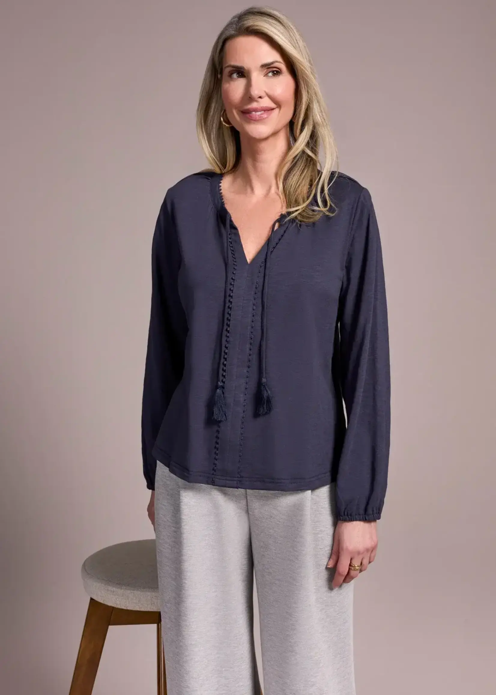 Tribal Tribal L/S Split Neck Top w/ Tassel 2232O