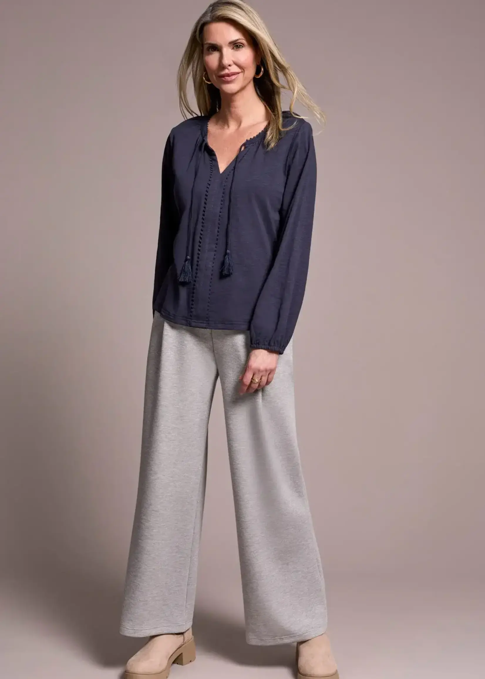 Tribal Tribal L/S Split Neck Top w/ Tassel 2232O