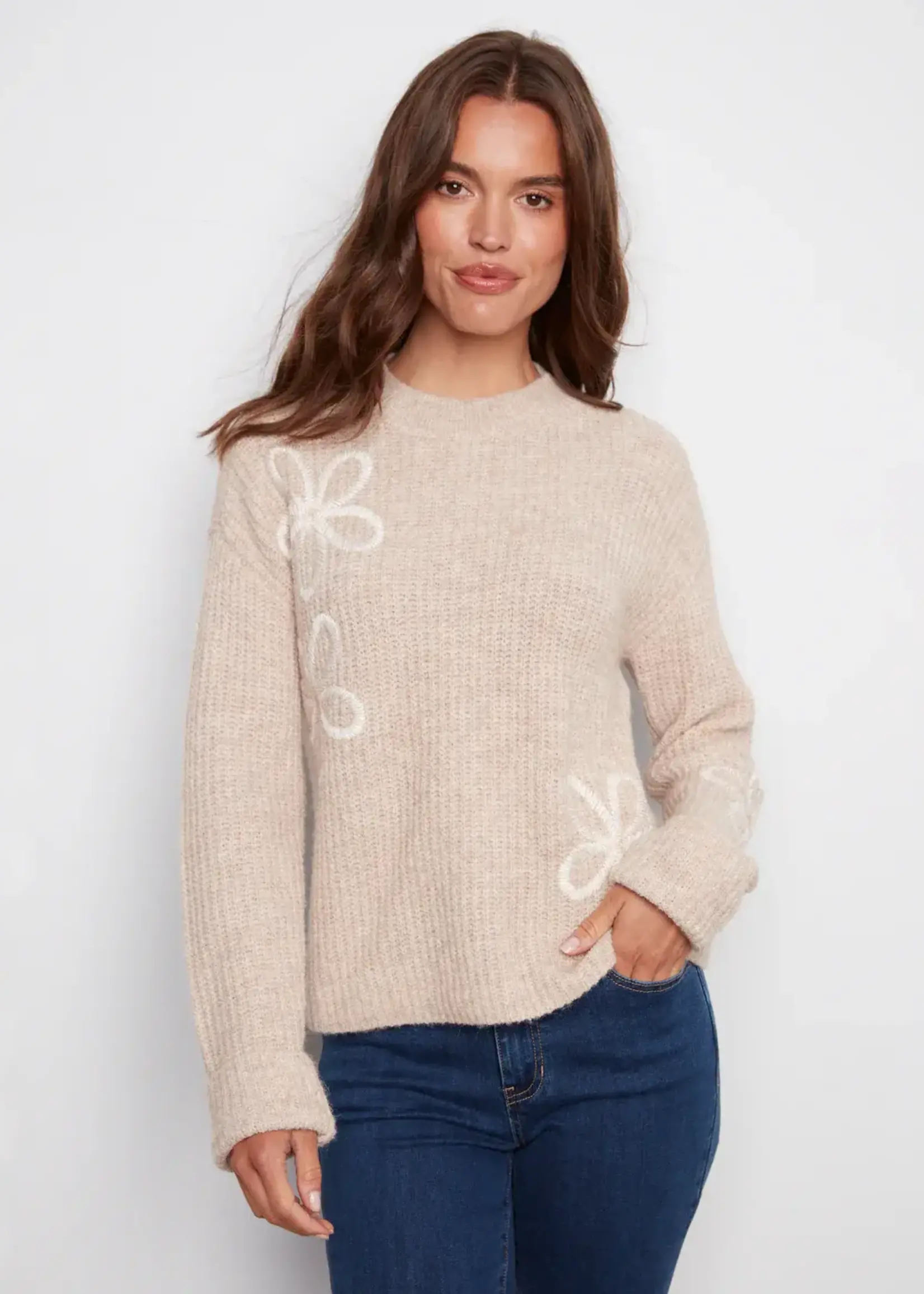 Charlie B Charlie B L/S Mock Neck Sweater w/ Emb Flowers C2876