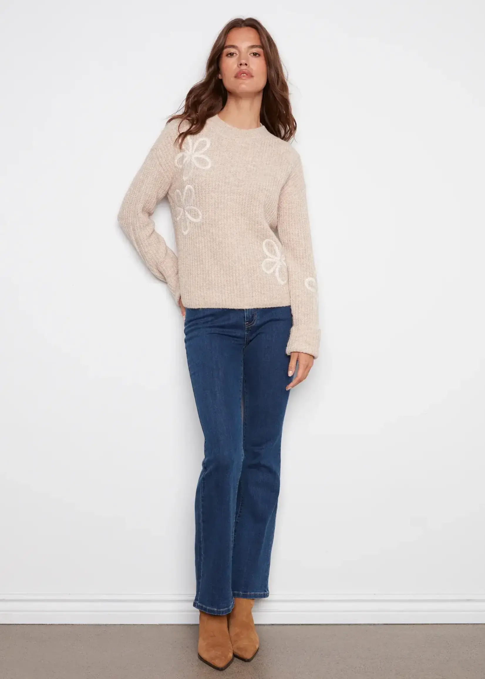 Charlie B Charlie B L/S Mock Neck Sweater w/ Emb Flowers C2876