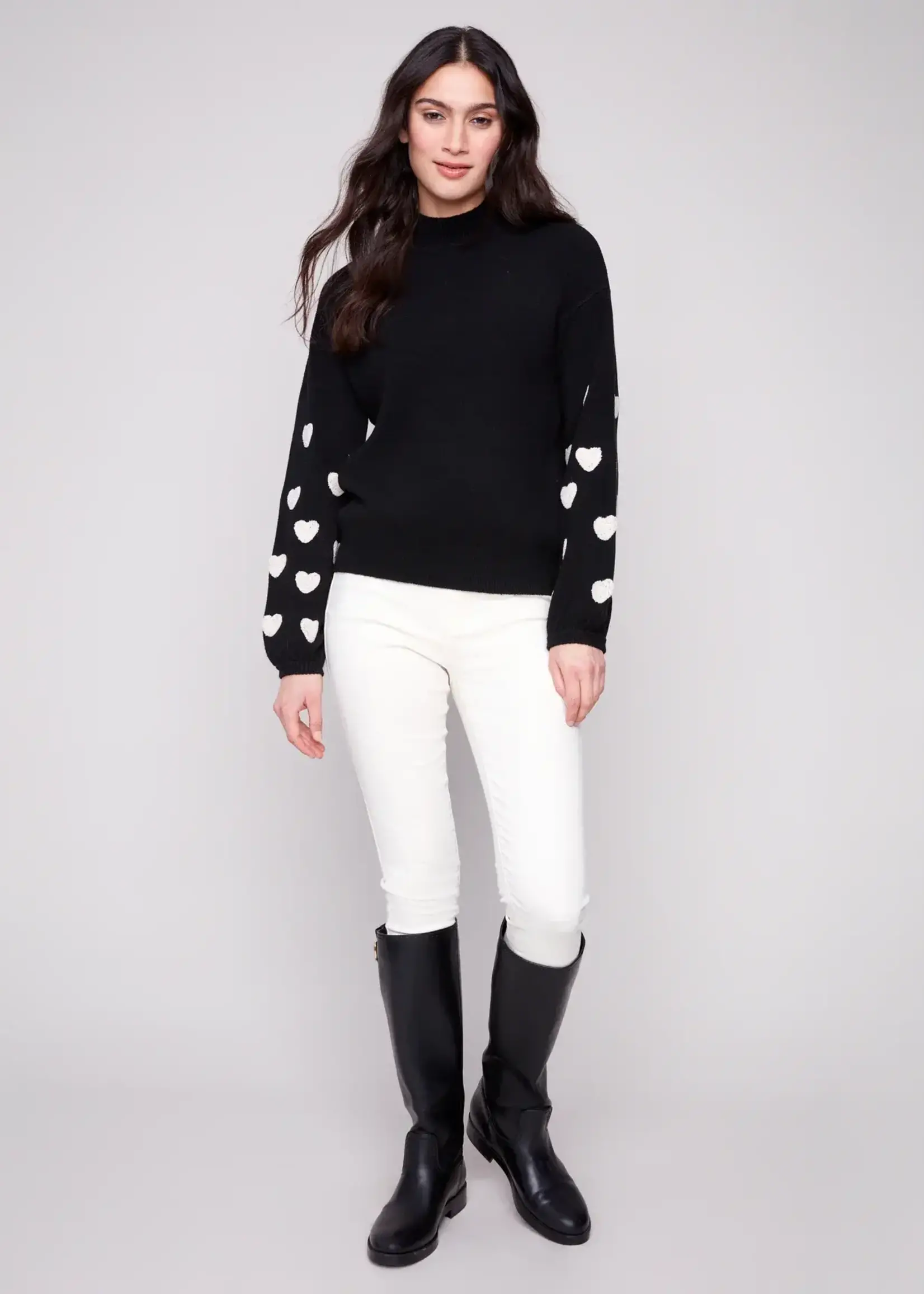 Charlie B Charlie B Mock Neck Sweater w/ Boucle Hearts C2689R