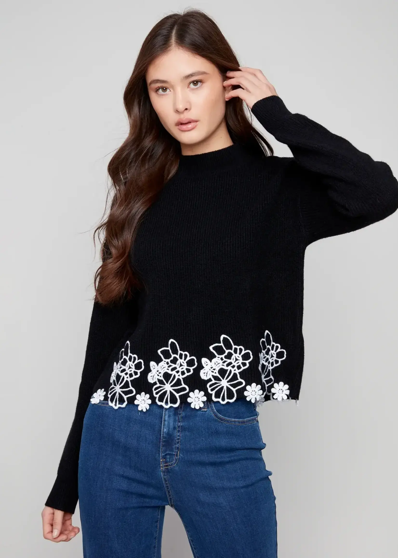 Charlie B Charlie B Mock Neck Sweater w/ Guipure Lace Emb Hem C2898