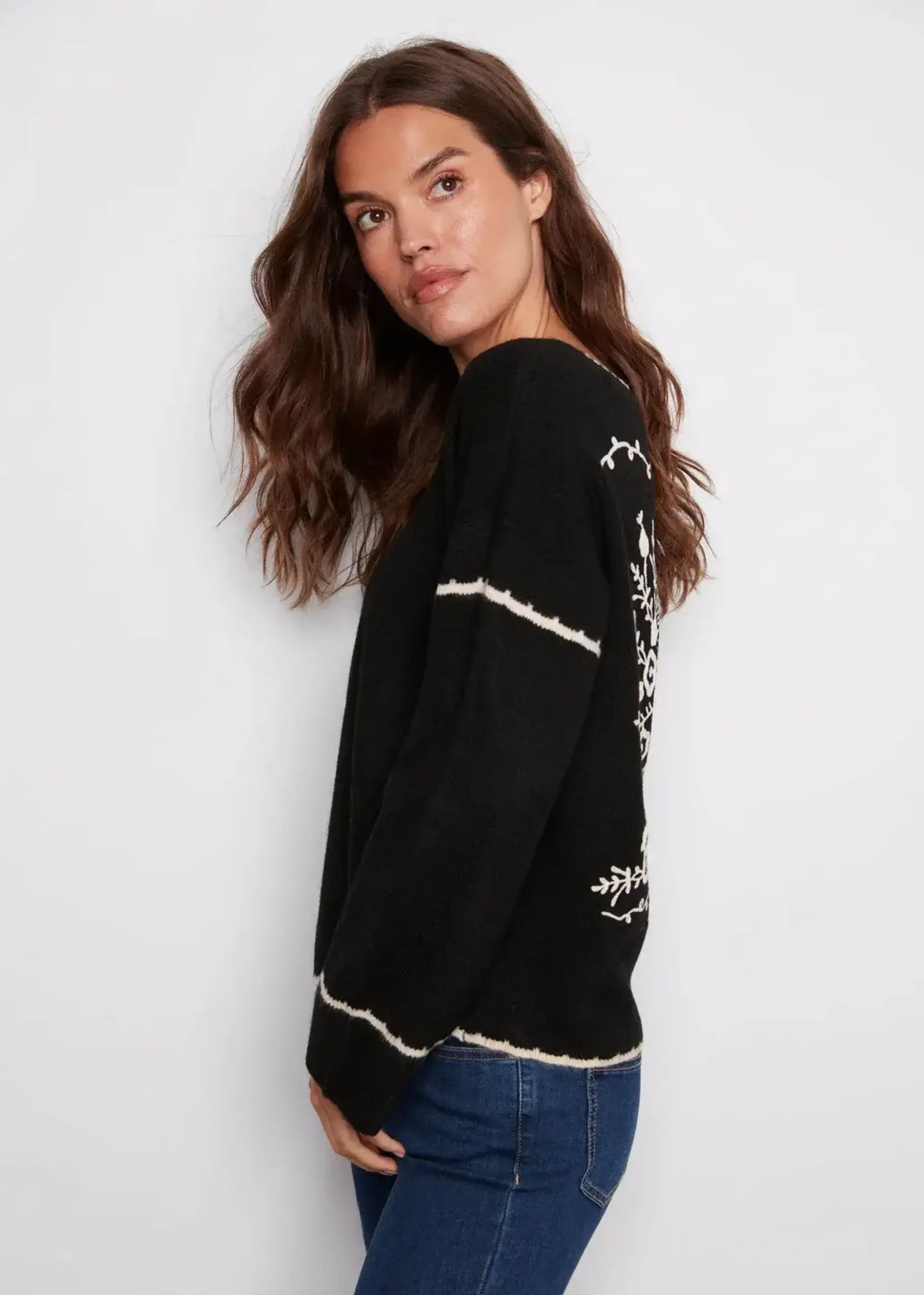 Charlie B Charlie B Ribbed V Neck Notched Soutache Sweater C2879