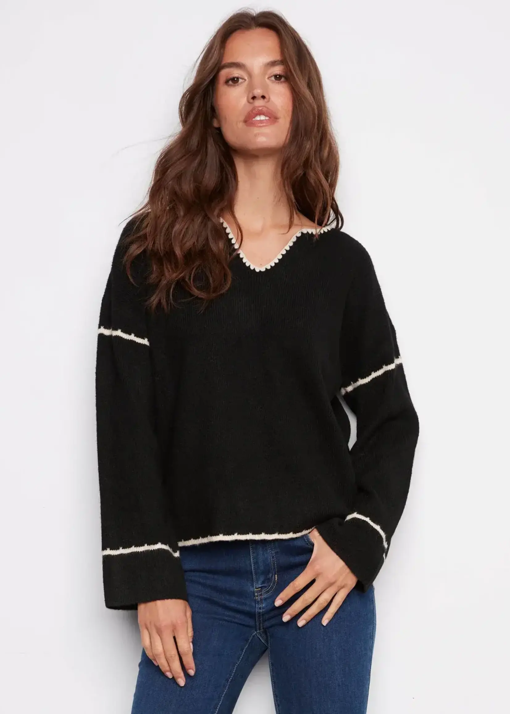 Charlie B Charlie B Ribbed V Neck Notched Soutache Sweater C2879