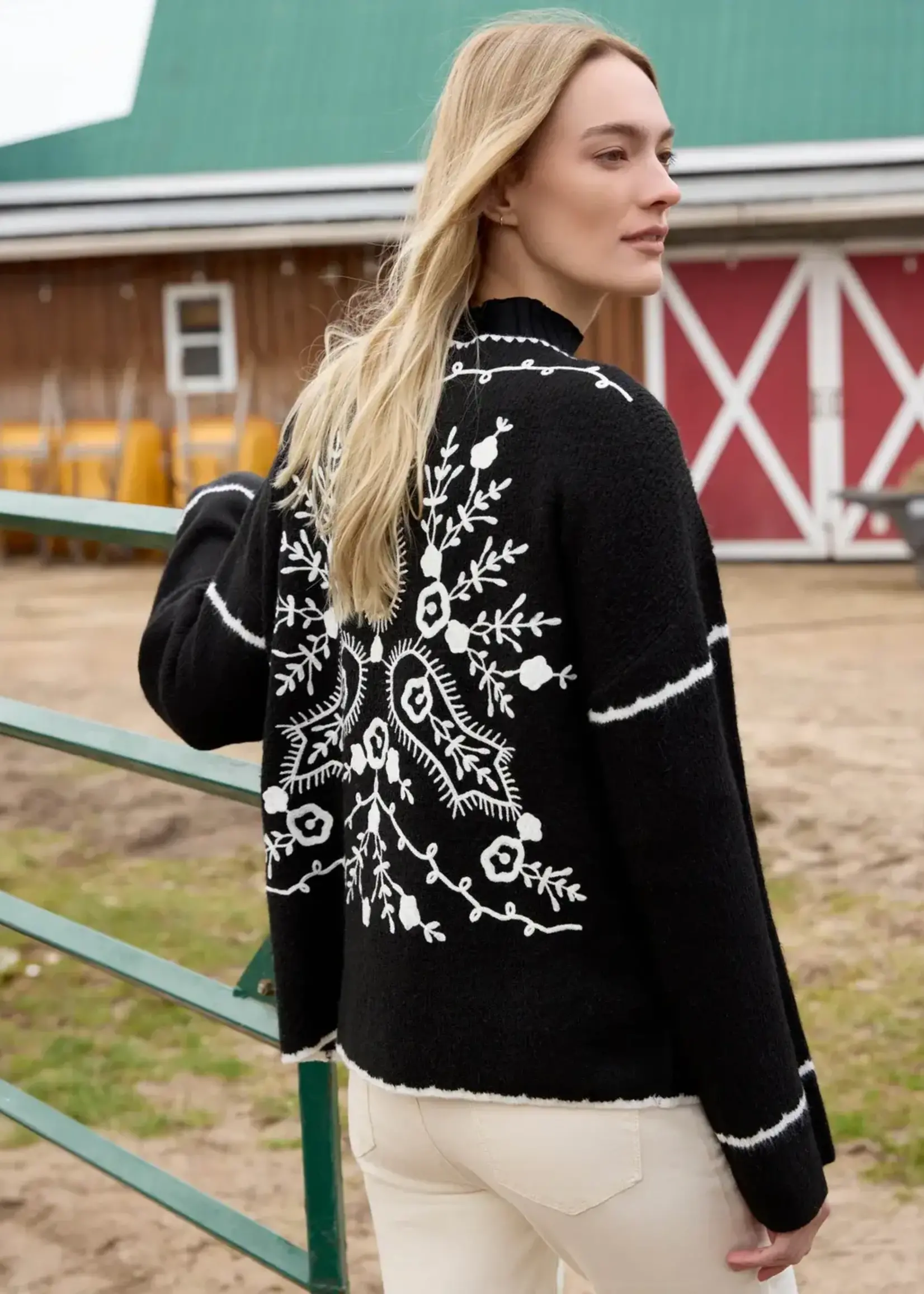 Charlie B Charlie B Ribbed V Neck Notched Soutache Sweater C2879