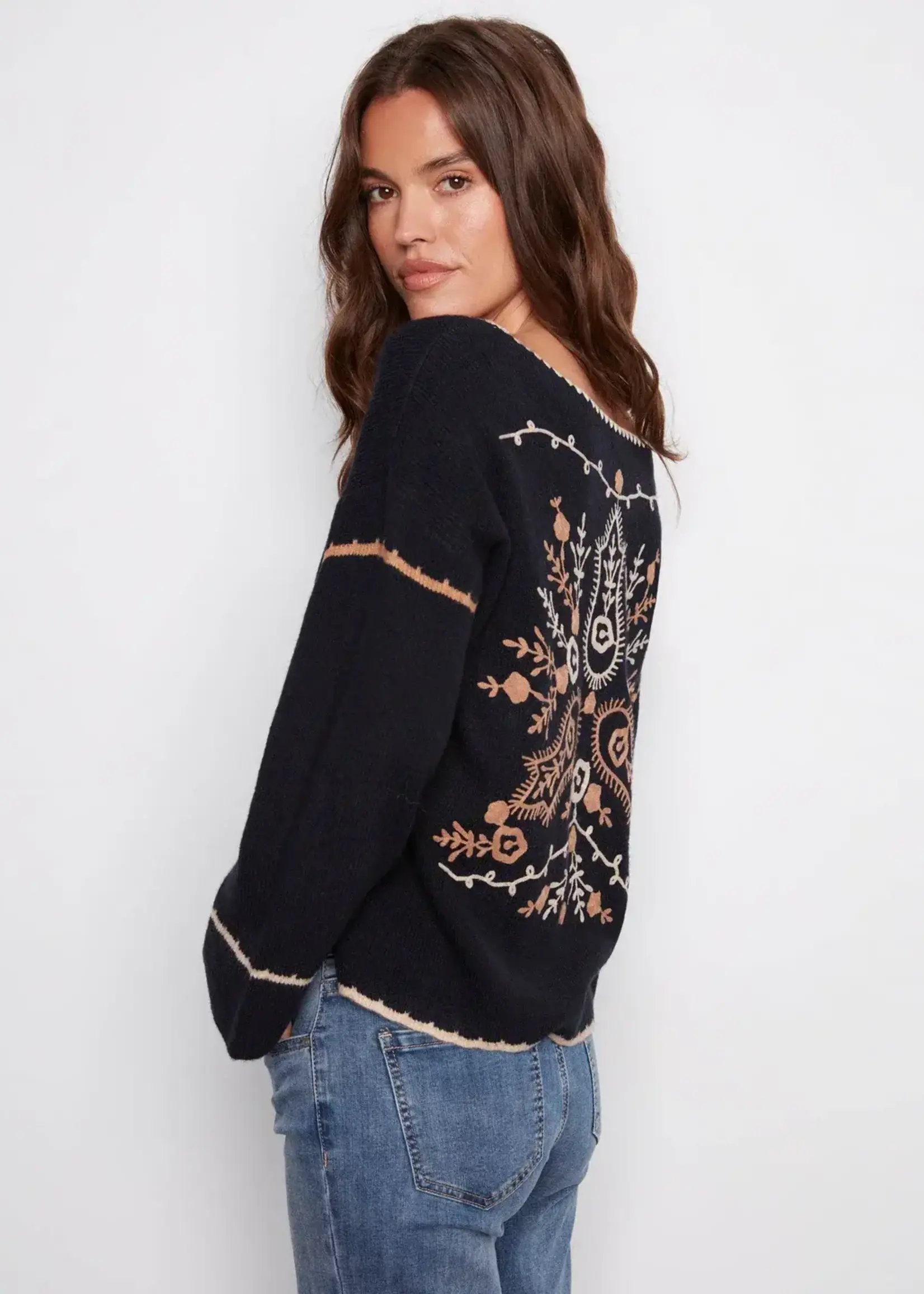 Charlie B Charlie B Ribbed V Neck Notched Soutache Sweater C2879