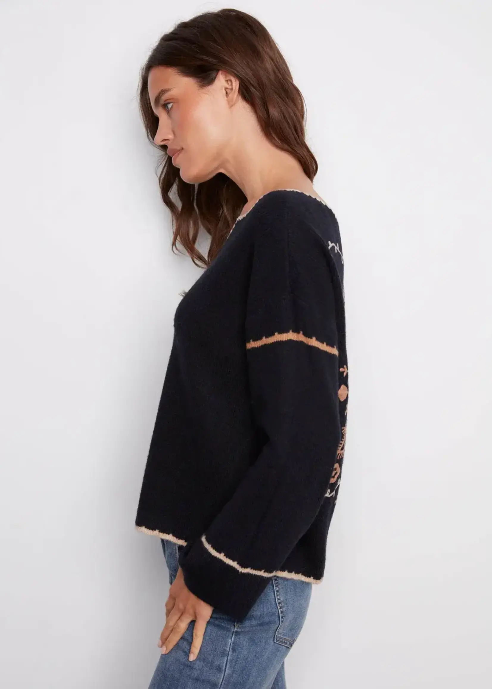 Charlie B Charlie B Ribbed V Neck Notched Soutache Sweater C2879