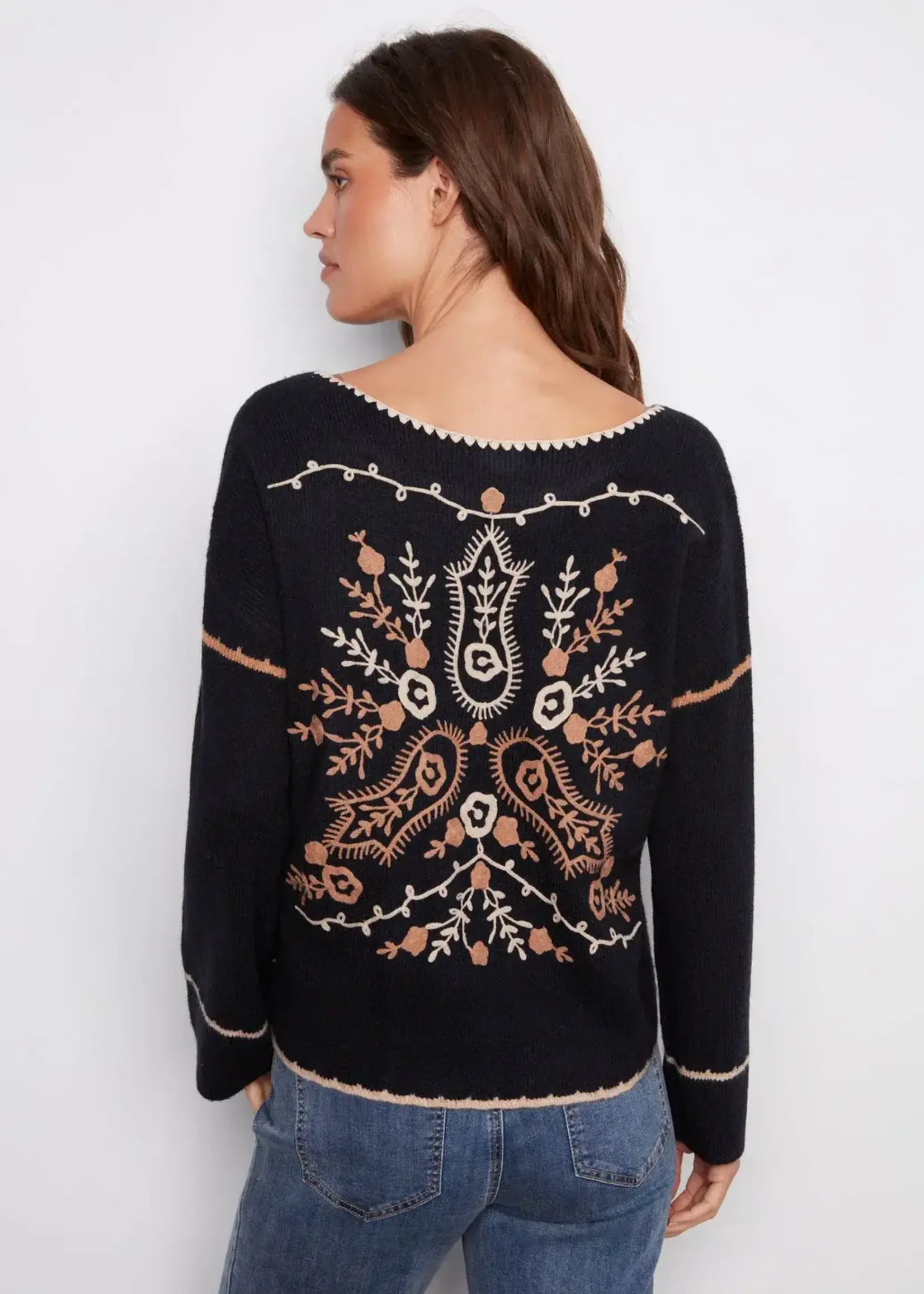 Charlie B Charlie B Ribbed V Neck Notched Soutache Sweater C2879